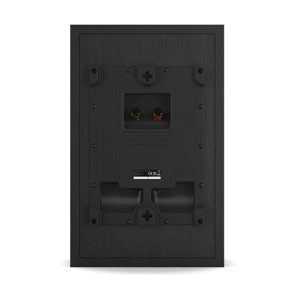 Vedere spate Dali Sonik ON-WALL Black Ash: terminale boxă roșu/negru, suport montaj perete.