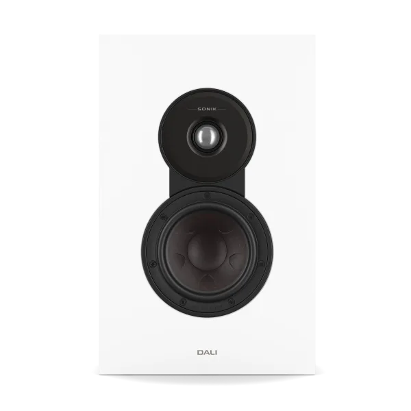 Boxă Dali Sonik ON-WALL albă, vedere frontală, tweeter și difuzor bass/mid vizibile