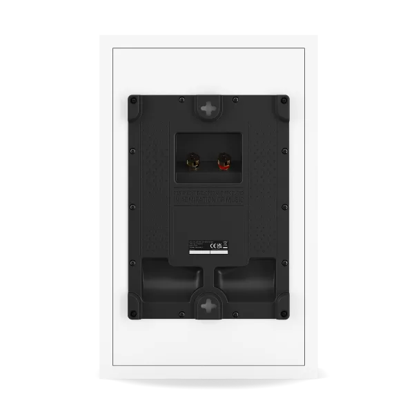 Dali Sonik ON-WALL boxă albă, vedere spate: borne difuzor, suport montaj perete, etichetă CE