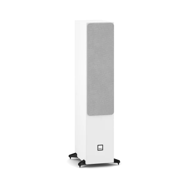 Boxă de podea Dali Sonik 7 albă, cu grilă textilă gri montată frontal, vedere laterală dreaptă.