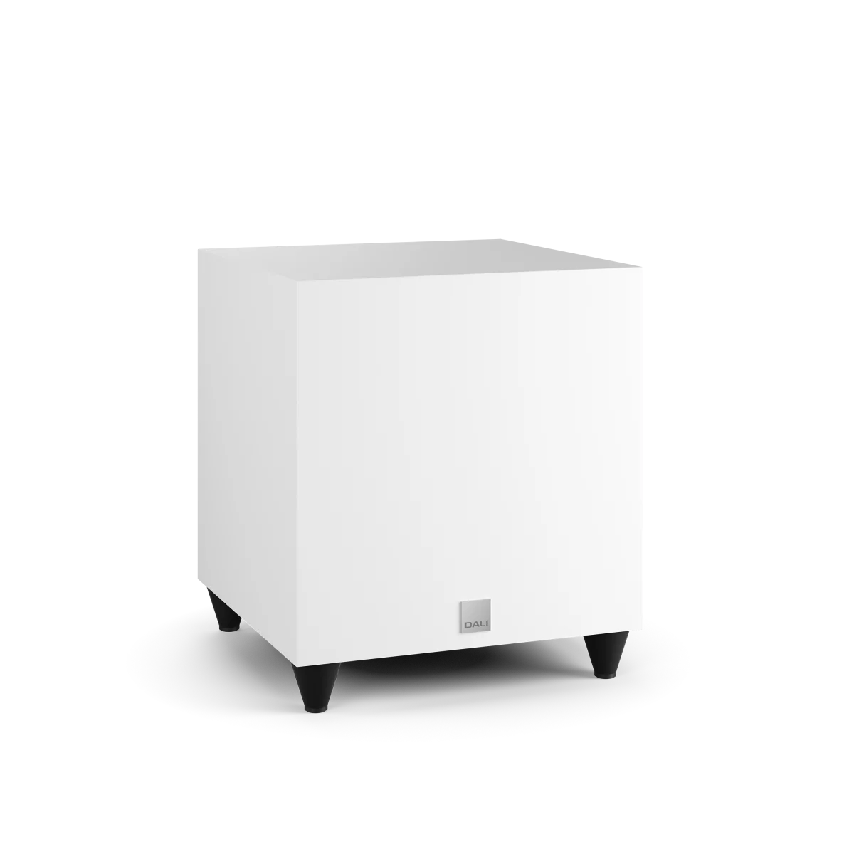 Subwoofer Dali SUB C-8 D alb, vedere laterală, picioare negre, logo Dali vizibil în partea de jos.