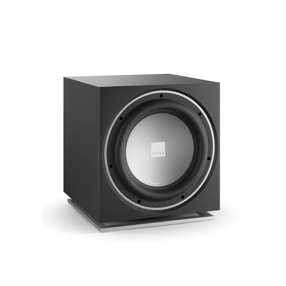 Subwoofer Dali SUB E-12 F, vedere frontală, culoare negru satin, difuzor mare central vizibil.#color_black