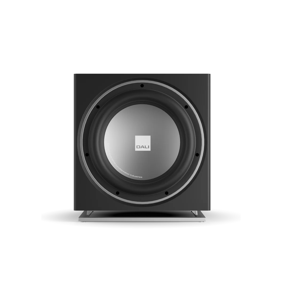 Subwoofer Dali SUB E-12 F, culoare negru satin, vedere frontală. Difuzor mare central vizibil.