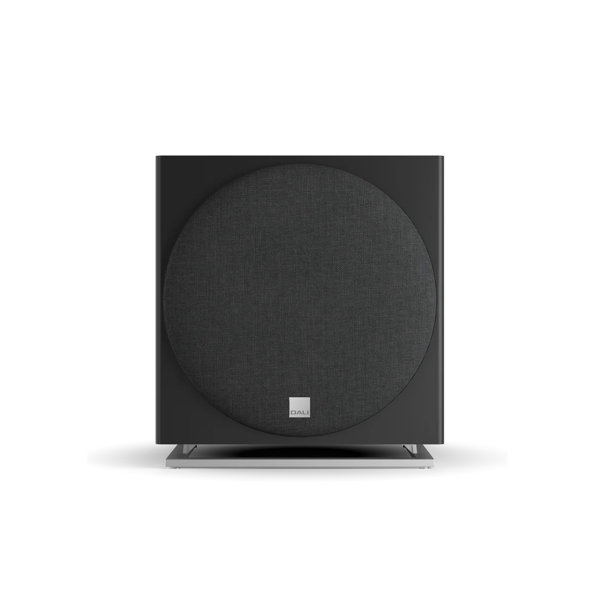 Subwoofer Dali SUB E-12 F, negru satin, vedere frontală cu grilă. Ideal pentru sisteme audio.