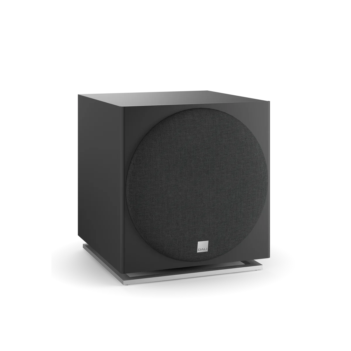 Subwoofer Dali SUB E-12 F, vedere frontală, culoare negru satin, grilaj vizibil, ideal pentru home theater.