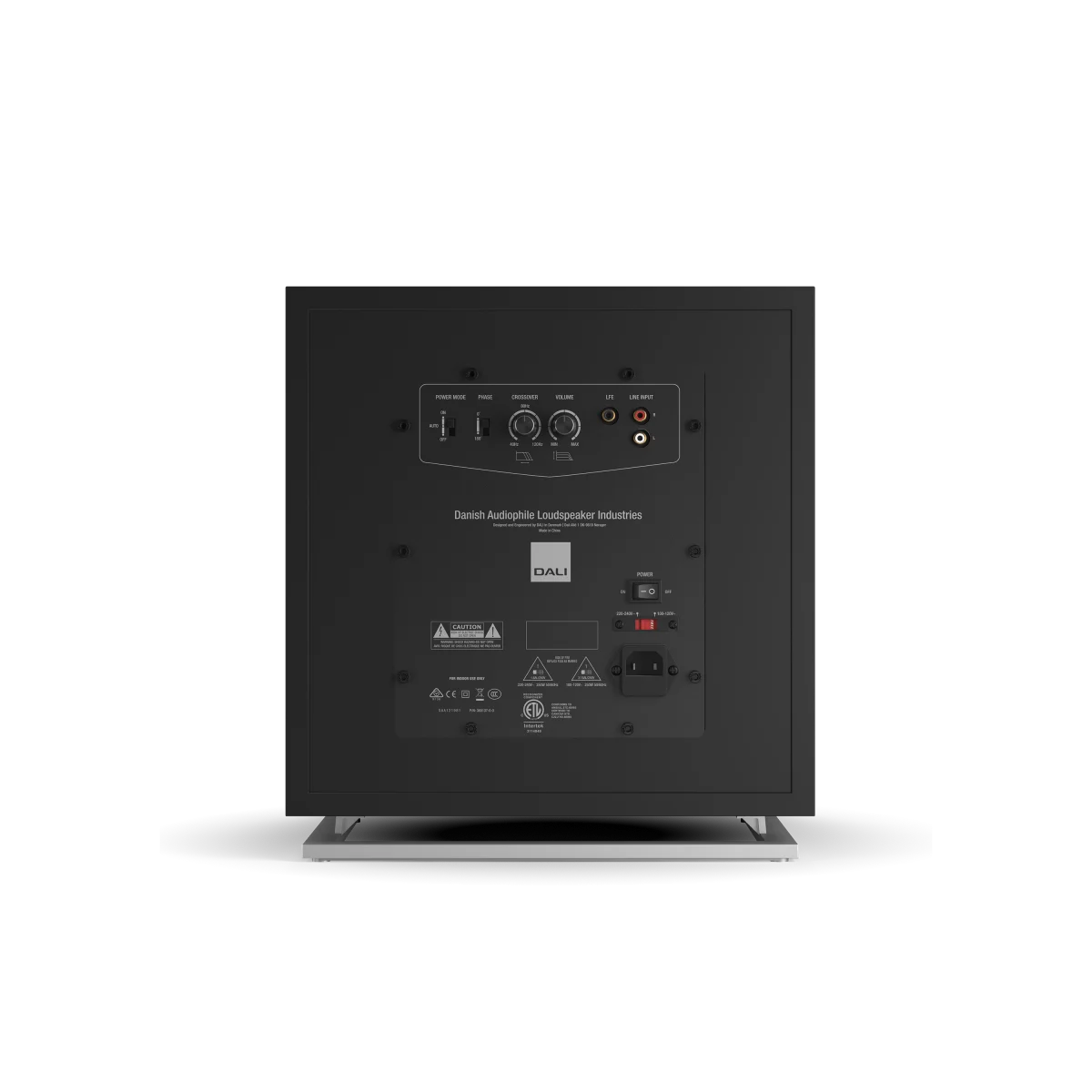 Subwoofer Dali SUB E-12 F, spate, negru satin, cu panou de control, intrări RCA și comutatoare vizibile.