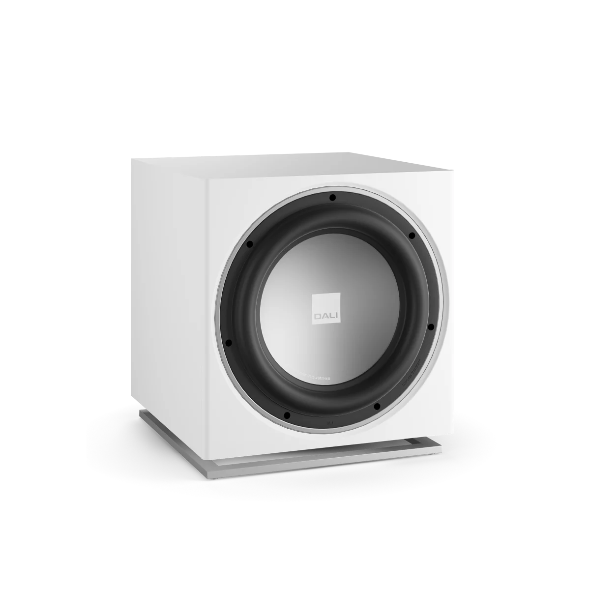 Subwoofer Dali SUB E-12 F, vedere din față, culoare alb satin, difuzor mare central vizibil.