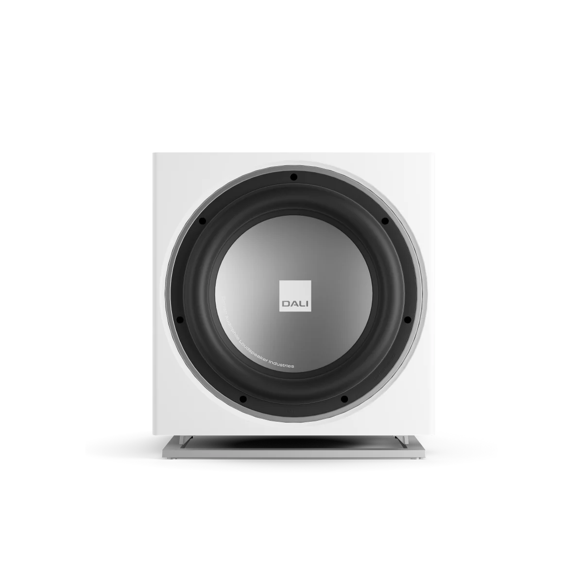 Subwoofer Dali SUB E-12 F, vedere frontală, culoare alb satin, difuzor central vizibil, logo Dali.