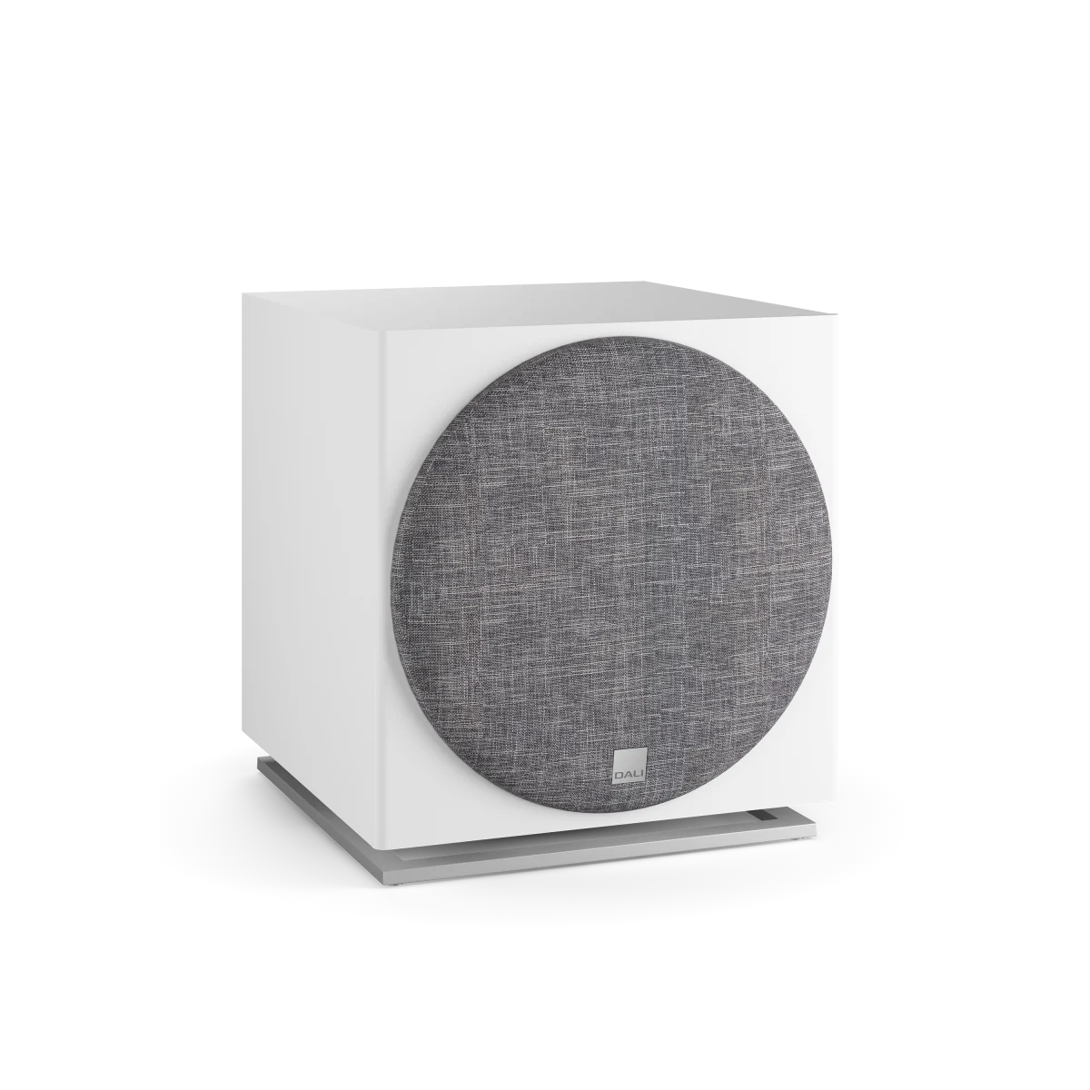 Subwoofer Dali SUB E-12 F, vedere din față, culoare alb satin, grilaj textil gri, detalii clare.