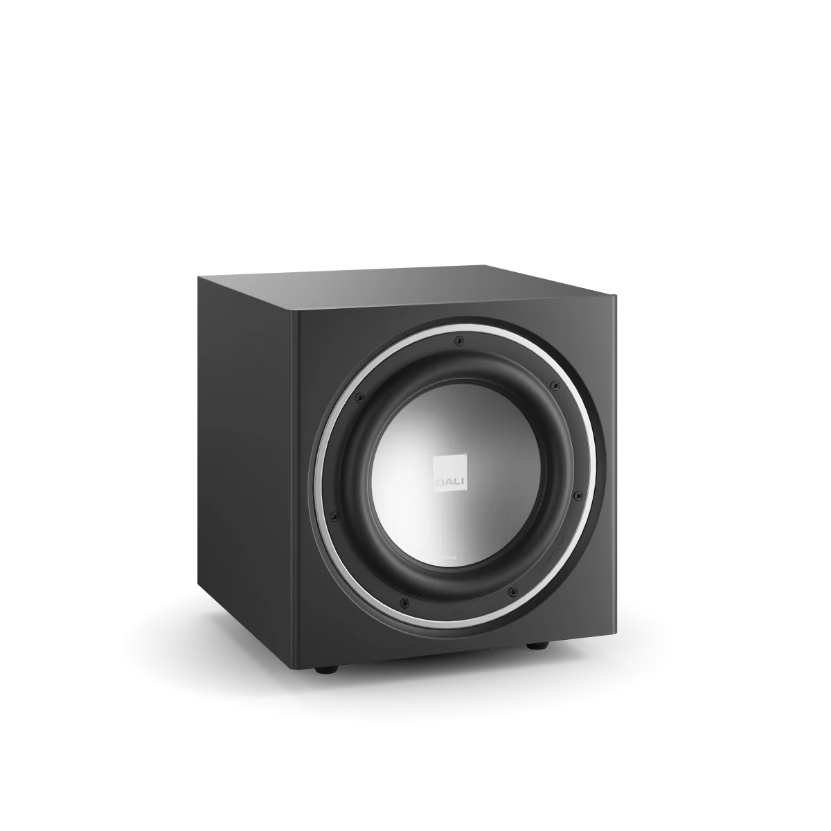 Subwoofer Dali SUB E-9 F, vedere frontală, culoare negru satin, difuzor central vizibil, design compact.#color_black