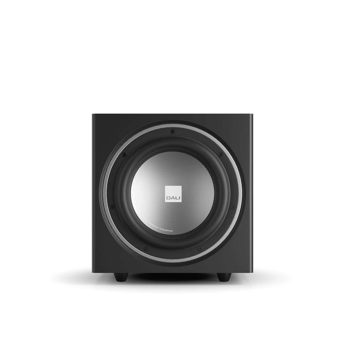 Subwoofer Dali SUB E-9 F, negru satin, vedere frontală. Difuzor central vizibil, ideal pentru home theater.
