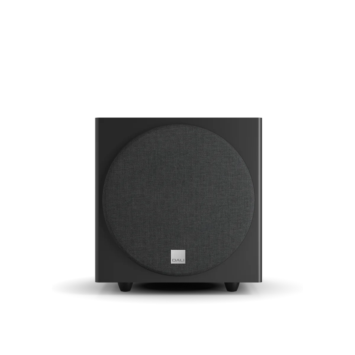 Subwoofer Dali SUB E-9 F, vedere frontală, culoare negru satin, grilă frontală vizibilă.