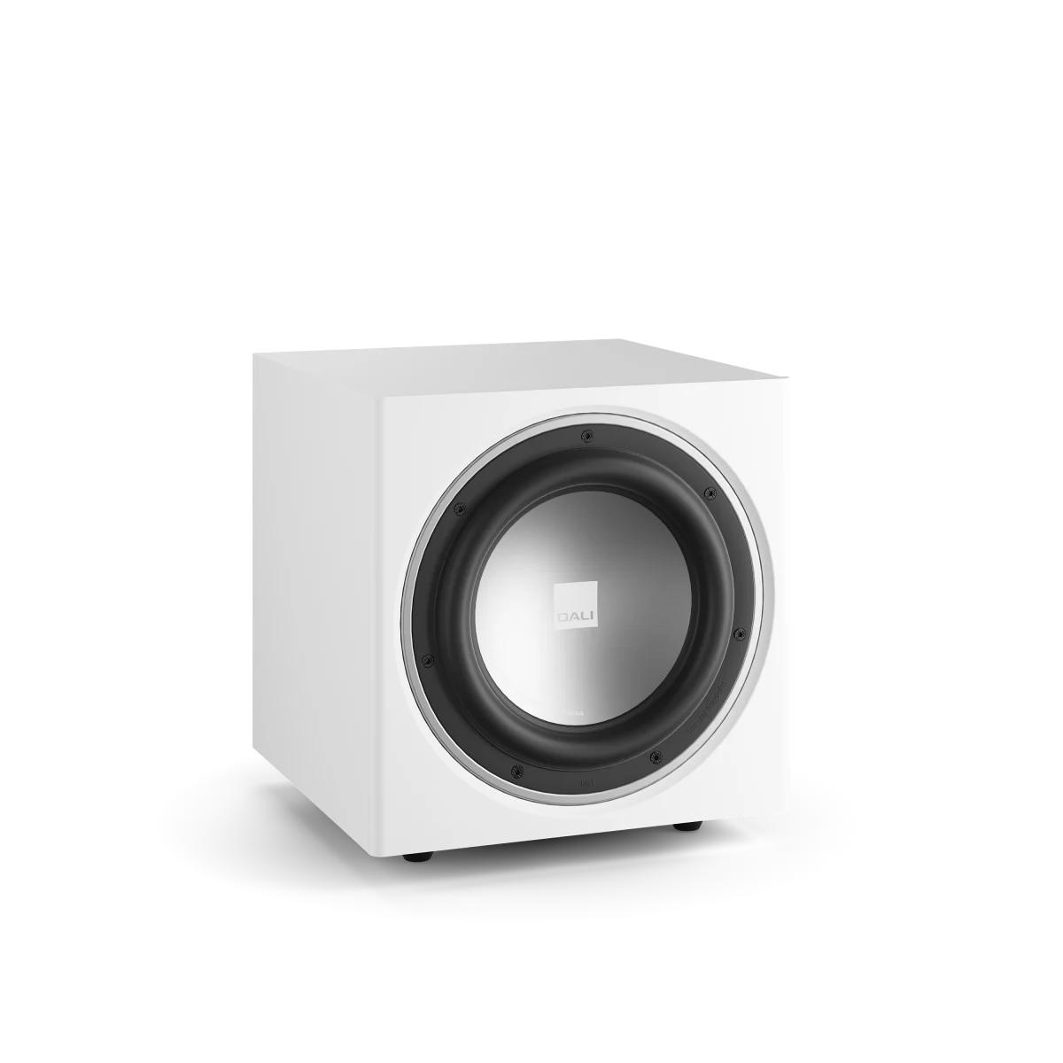 Subwoofer Dali SUB E-9 F, vedere frontală, culoare satin alb, difuzor central vizibil, ideal audio.