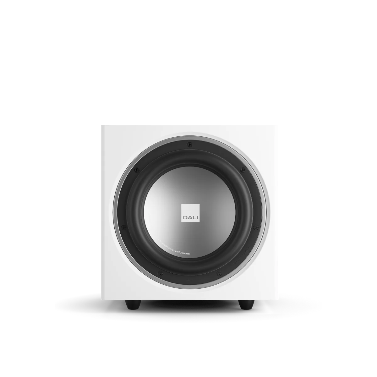 Subwoofer Dali SUB E-9 F, față, alb satin, difuzor central vizibil, ideal pentru home theater.