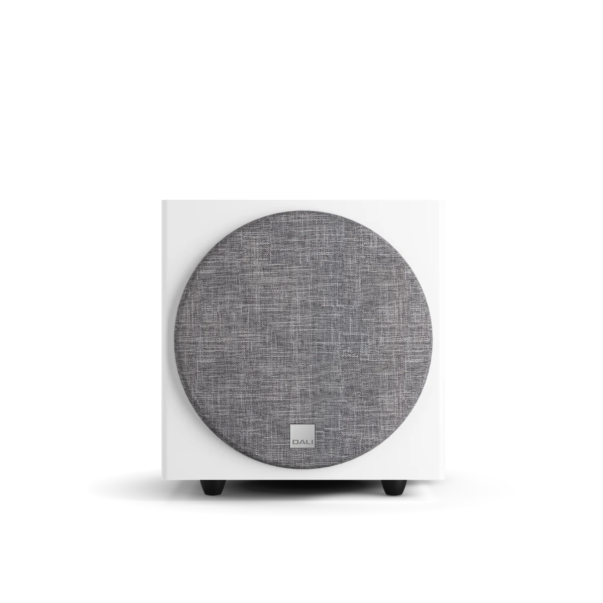 Subwoofer Dali SUB E-9 F, față, culoare alb satin, grilaj gri vizibil, ideal pentru home theater.