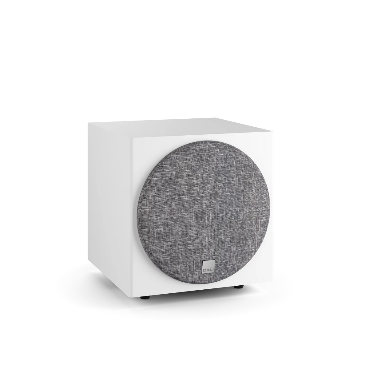 Subwoofer Dali SUB E-9 F, vedere frontală, culoare alb satin, grilaj gri vizibil, optimizat audio.