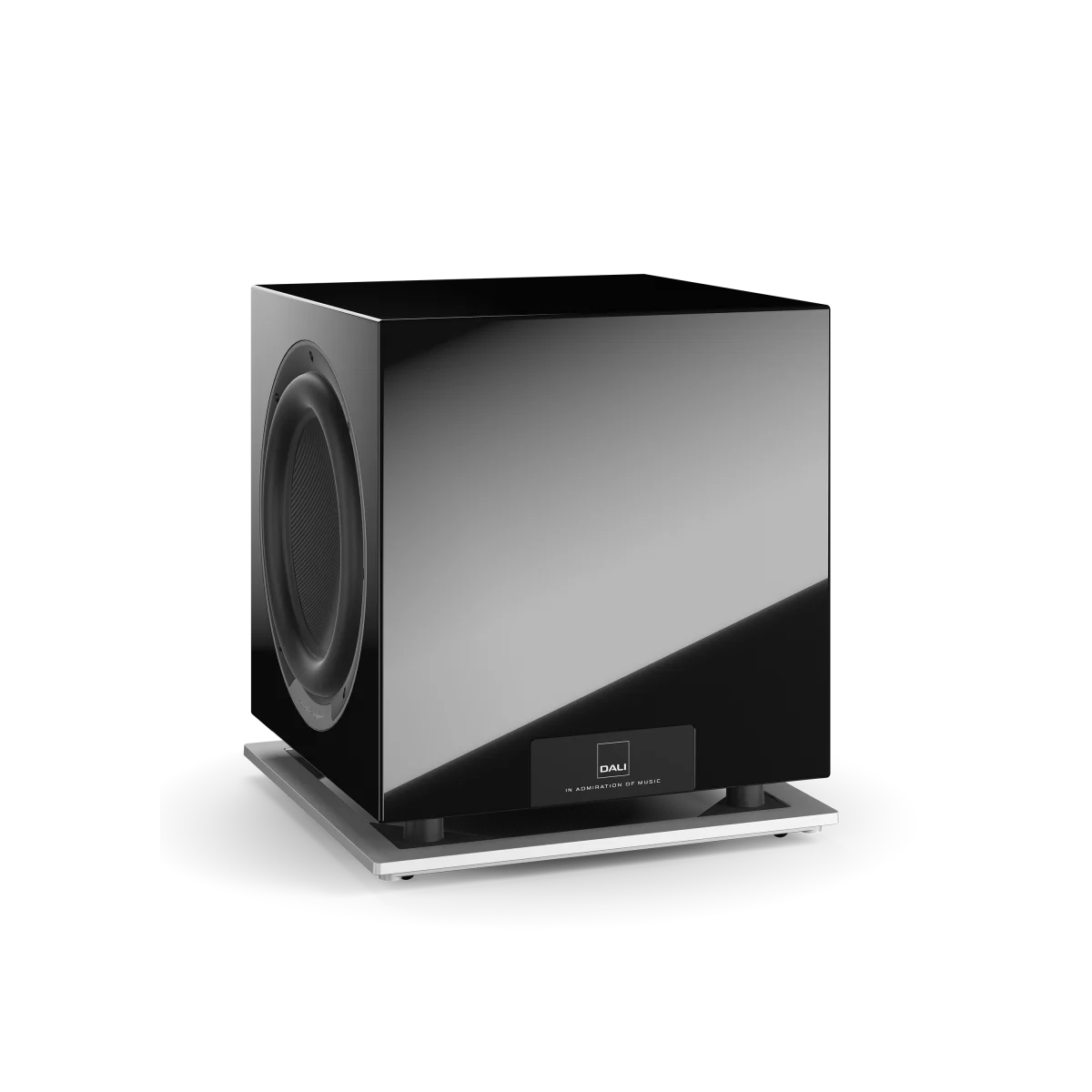 Subwoofer Dali SUB P-10 DSS negru, vedere laterală, cu difuzor vizibil și logo frontal pe panoul inferior.#color_black