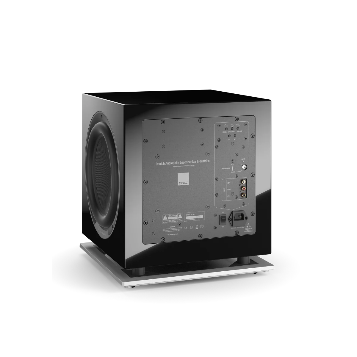 Subwoofer Dali SUB P-10 DSS negru, vedere spate, conectori RCA și panou de control vizibile.