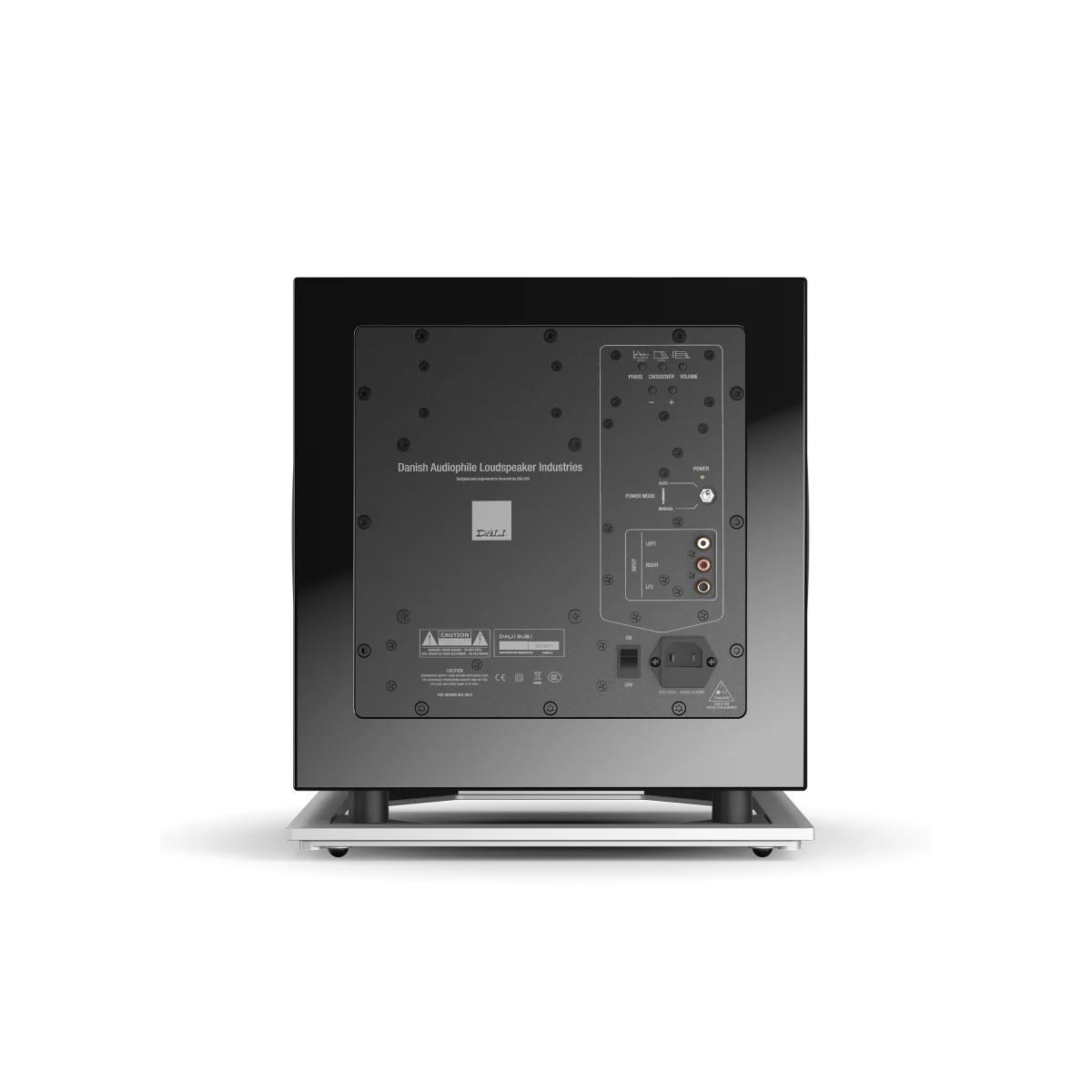 Spatele subwooferului Dali SUB P-10 DSS negru, cu panou de control, conexiuni RCA și alimentare vizibile.