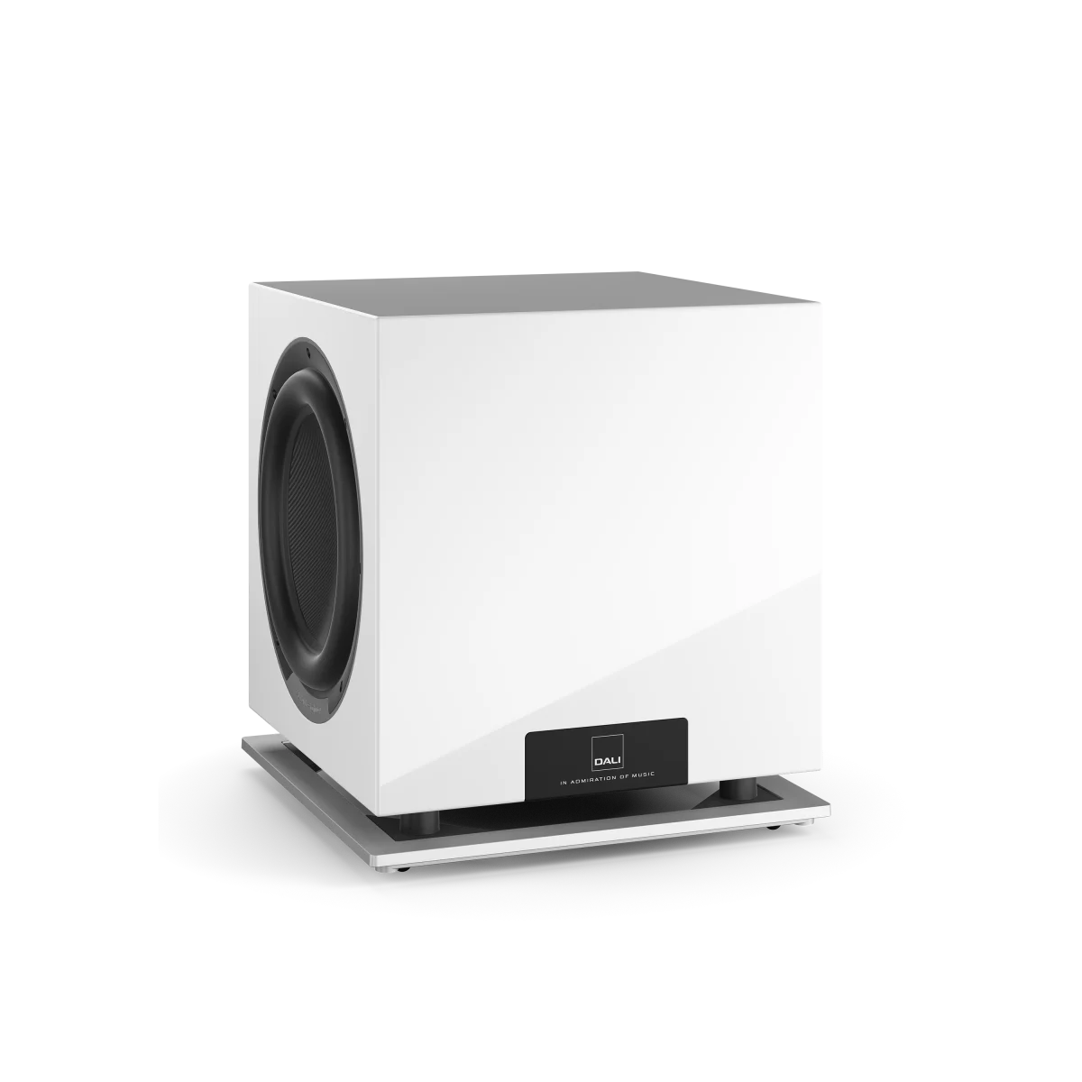 Subwoofer Dali SUB P-10 DSS alb, vedere laterală, cu difuzor vizibil și panou frontal cu logo Dali.