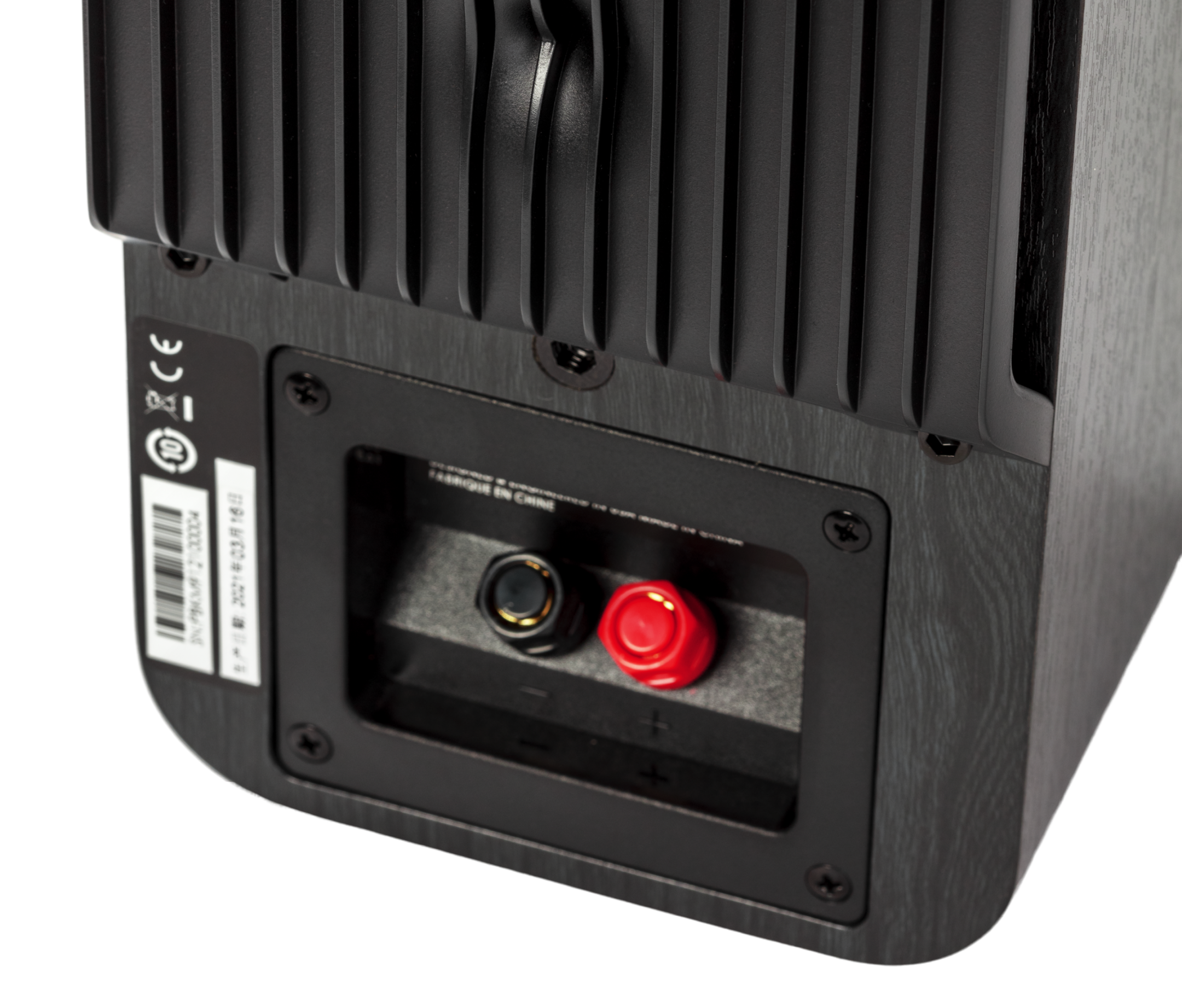 Conexiuni spate boxe Polk Audio Signature Elite ES10 negre, detalii terminale și radiator pasiv.