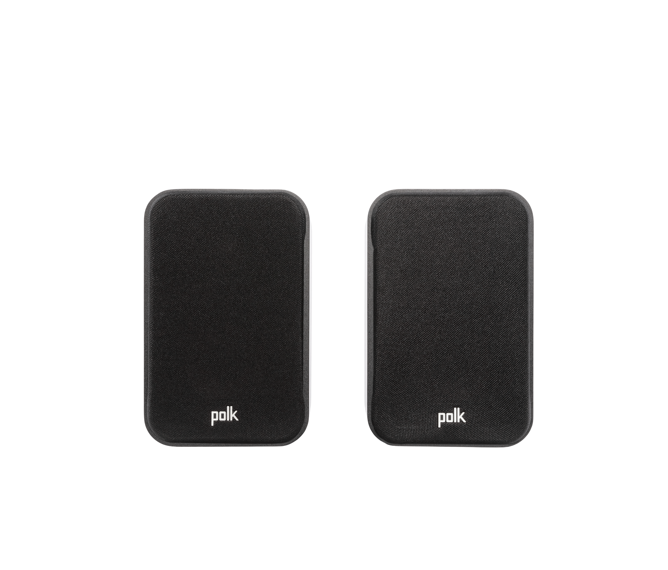 Boxe Polk Audio Signature Elite ES10 negre, vedere frontală cu grilaj, logo Polk vizibil pe ambele boxe.