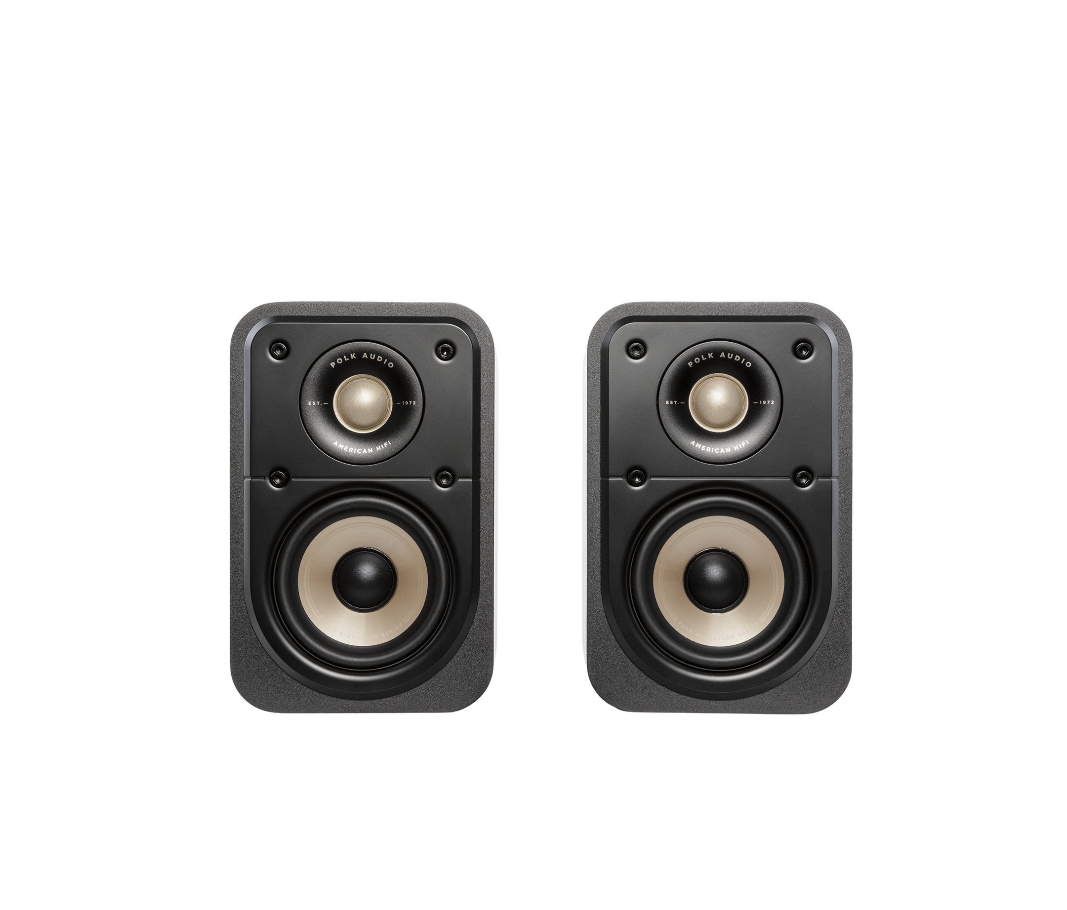 Boxe Polk Audio Signature Elite ES10 negre, vedere frontală, difuzoare și tweeter vizibile, pereche.#color_black