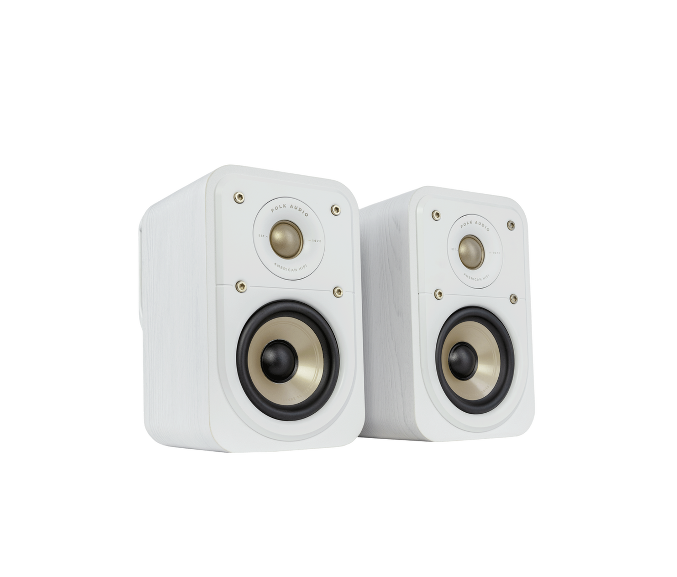 Boxe de raft Polk Audio Signature Elite ES10 albe, vedere din dreapta, grile detașabile, tweeter și woofer vizibile.
