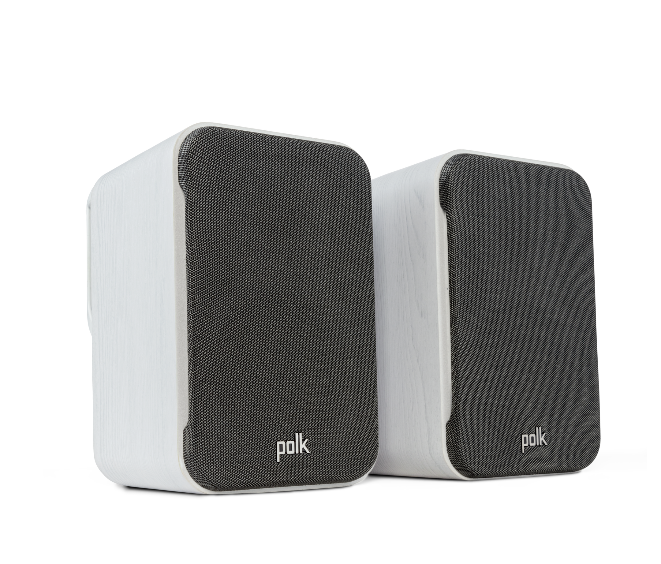 Boxe Polk Audio Signature Elite ES10, alb, vedere din dreapta. Grile frontale negre, finisaj alb elegant.