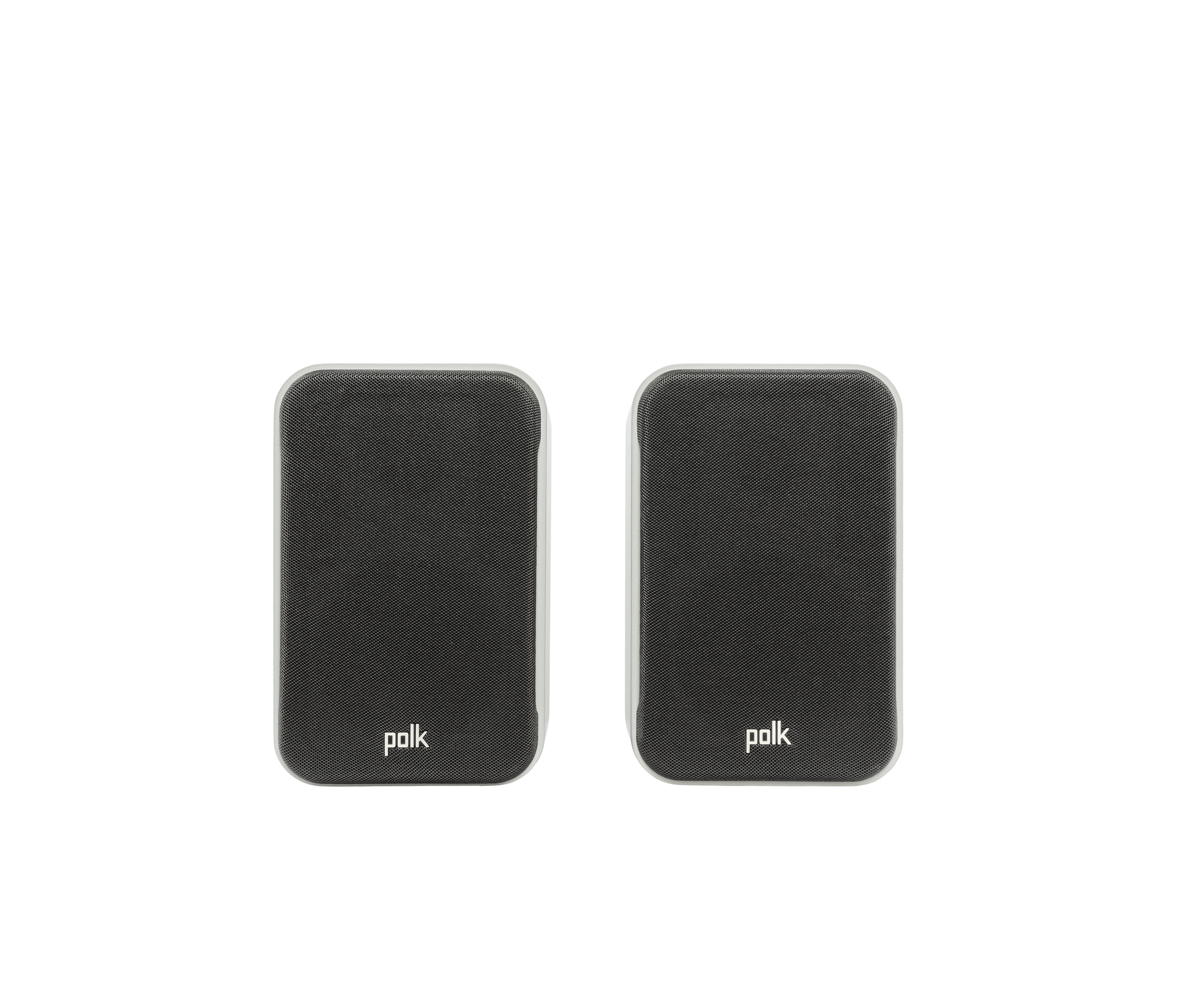 Boxe Polk Audio Signature Elite ES10, vedere frontală cu grilaj negru, culoare albă, pereche.
