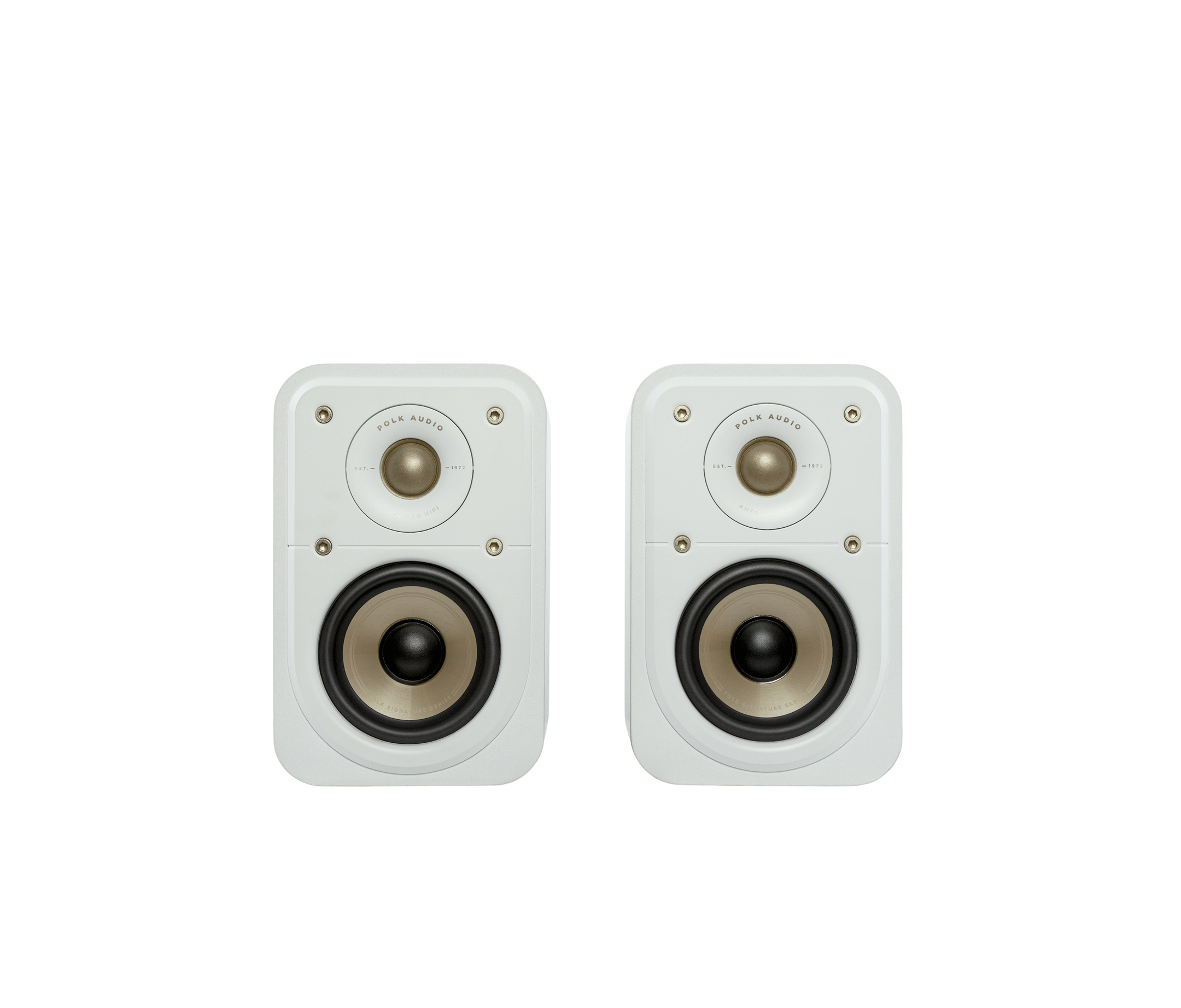 Polk Audio Signature Elite ES10 Boxe de raft, vedere frontală, culoare albă, difuzoare și tweetere vizibile.