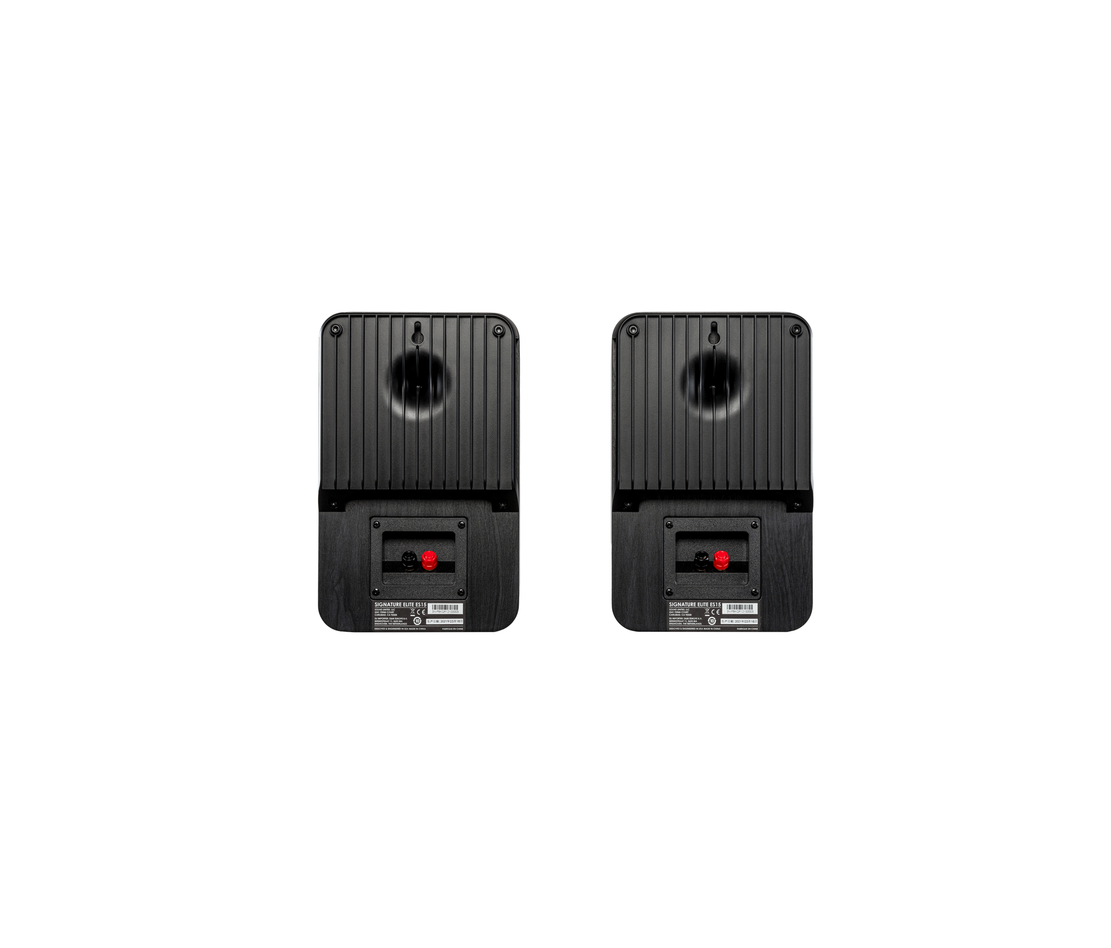Spatele boxelor Polk Audio Signature Elite ES15, culoare neagră, cu porturi de conectare și orificii de montare.