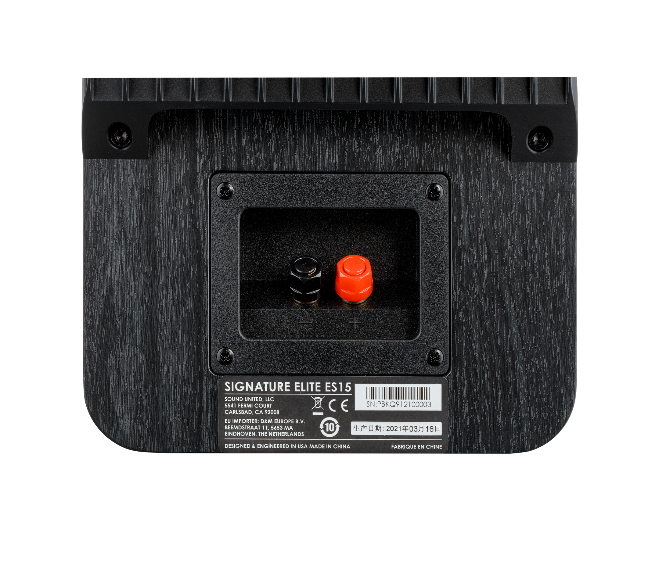 Spatele boxei Polk Audio Signature Elite ES15 negru, cu conectori roșii și negri și etichetă specificații.