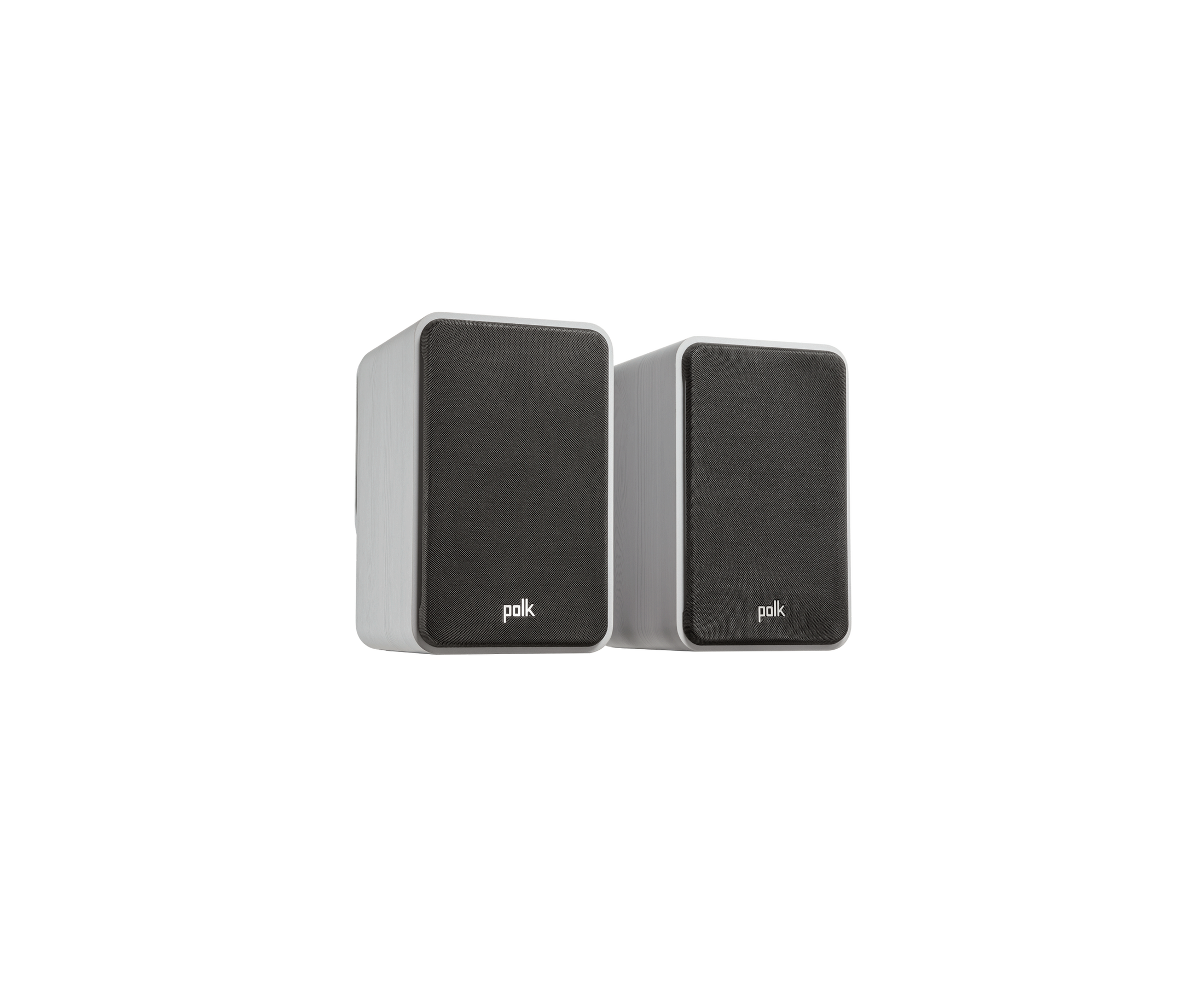 Boxe Polk Audio Signature Elite ES15 albe, vedere din dreapta, grile frontale negre vizibile.