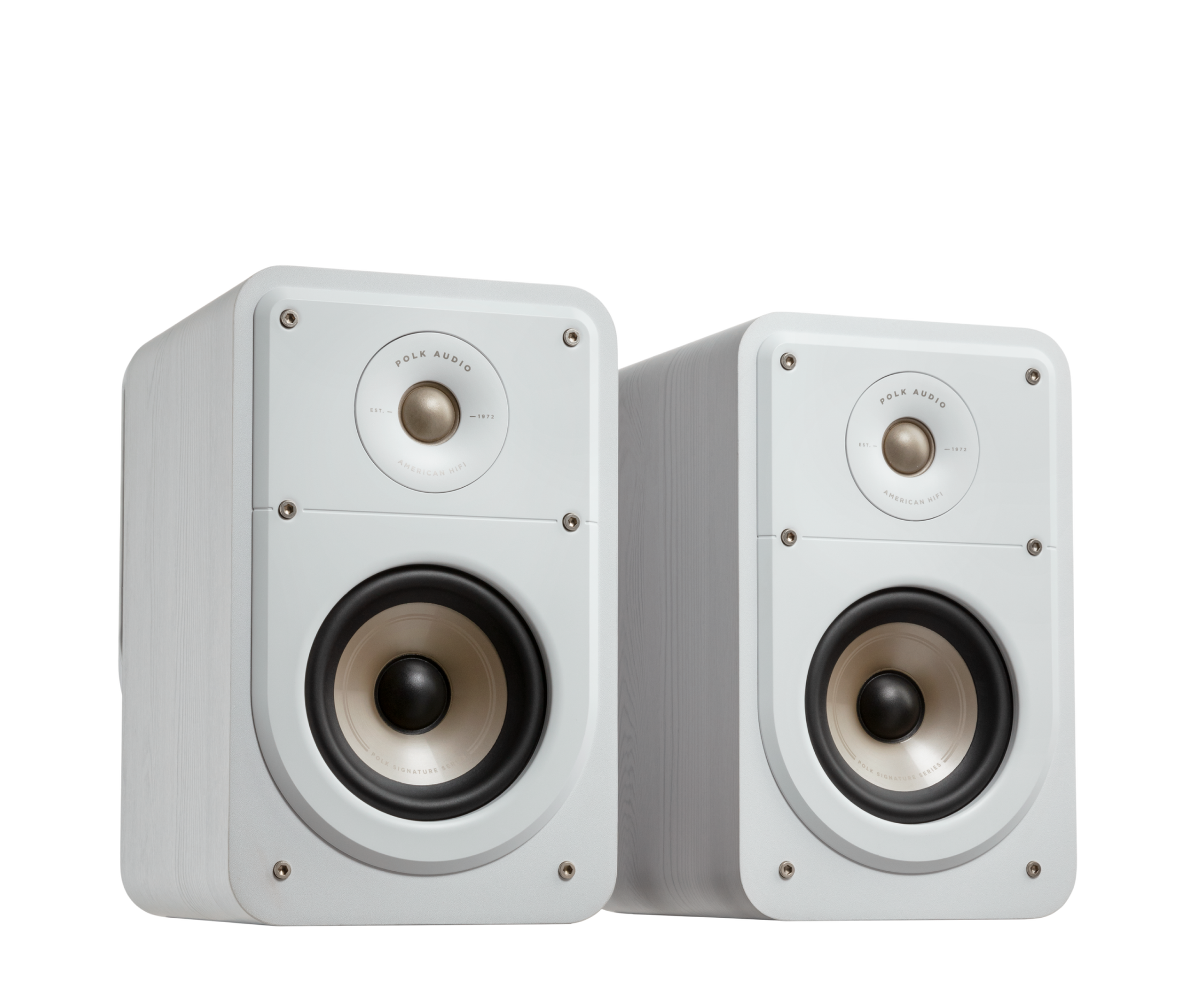 Boxe Polk Audio Signature Elite ES15, albe, vedere din dreapta, tweeter și woofer vizibile frontal.