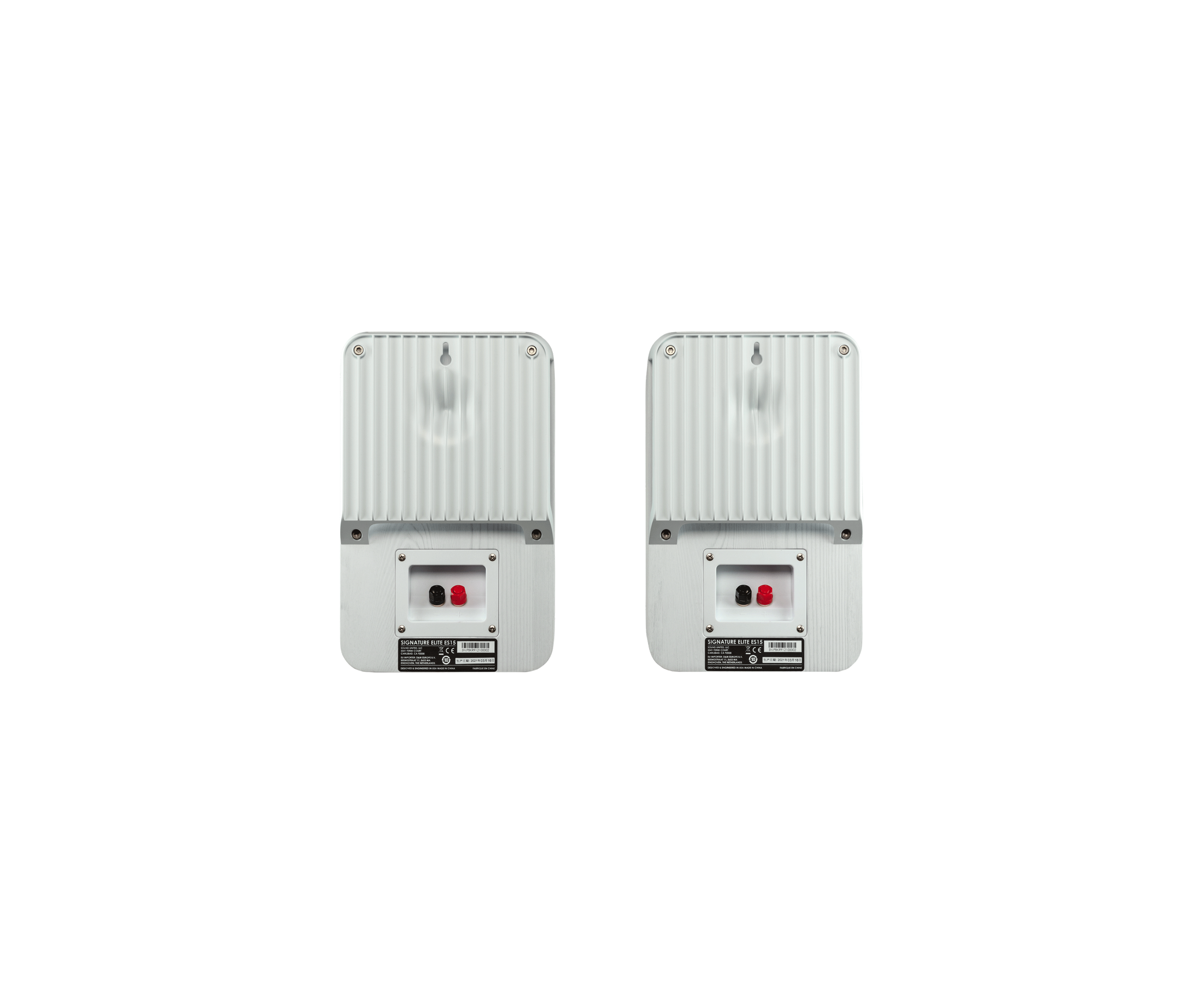Spatele boxelor Polk Audio Signature Elite ES15, culoare albă, cu conectori roșu/negru și suport montare.