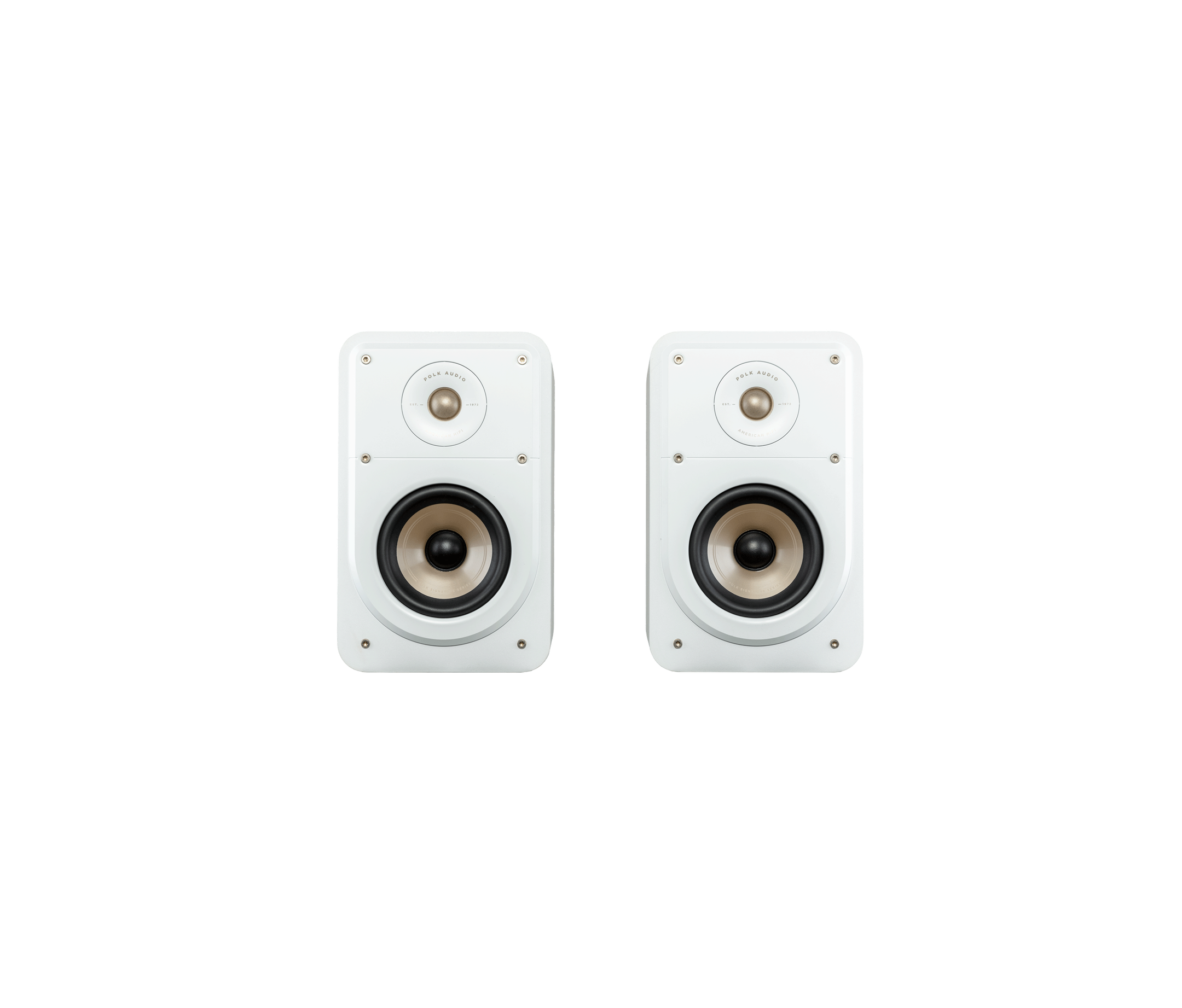Boxe albe Polk Audio Signature Elite ES15, vedere frontală, două difuzoare vizibile, tweeter și woofer.