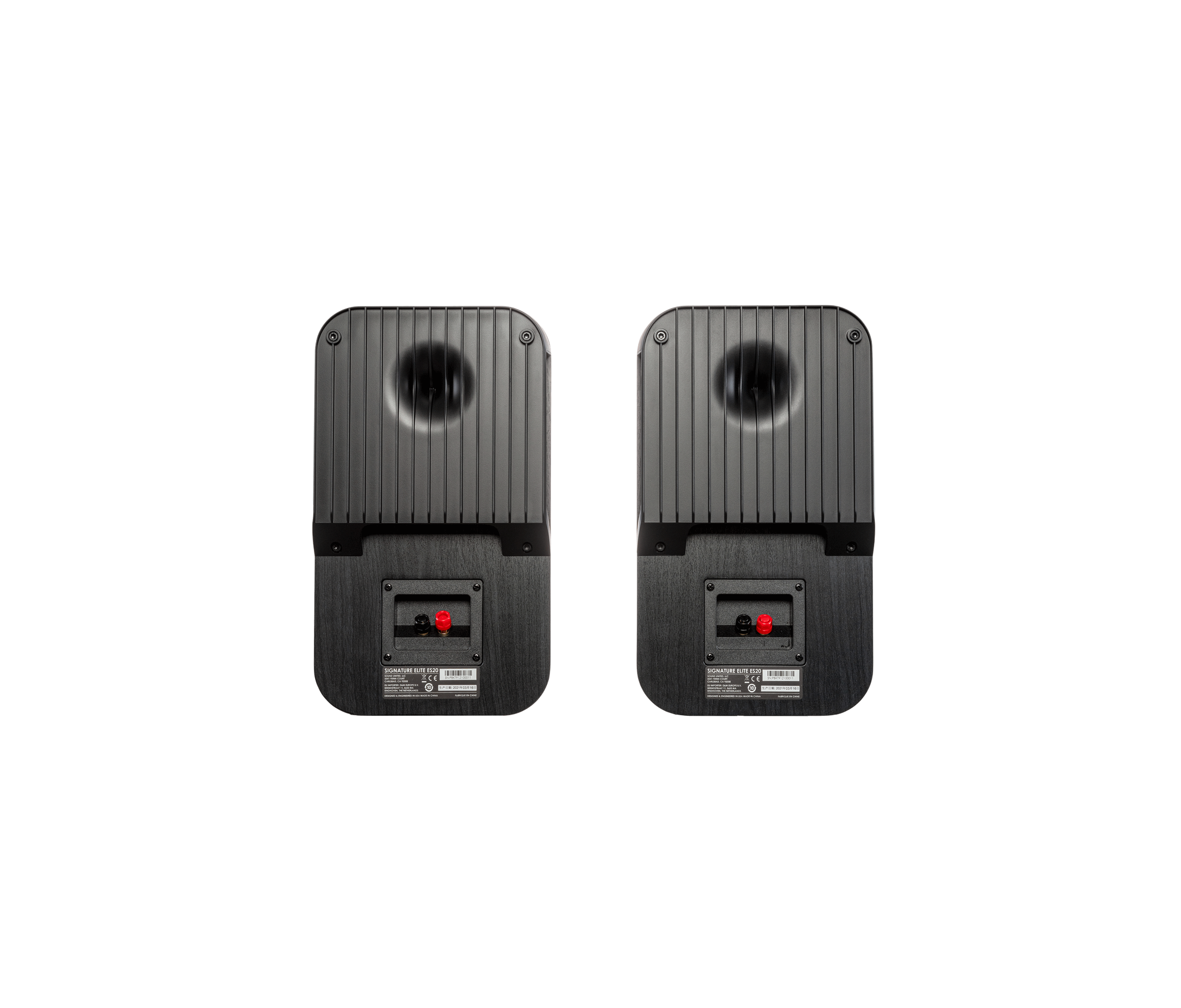Spatele boxelor Polk Audio Signature Elite ES20 negre, cu porturi de conectare și orificii pentru montare.