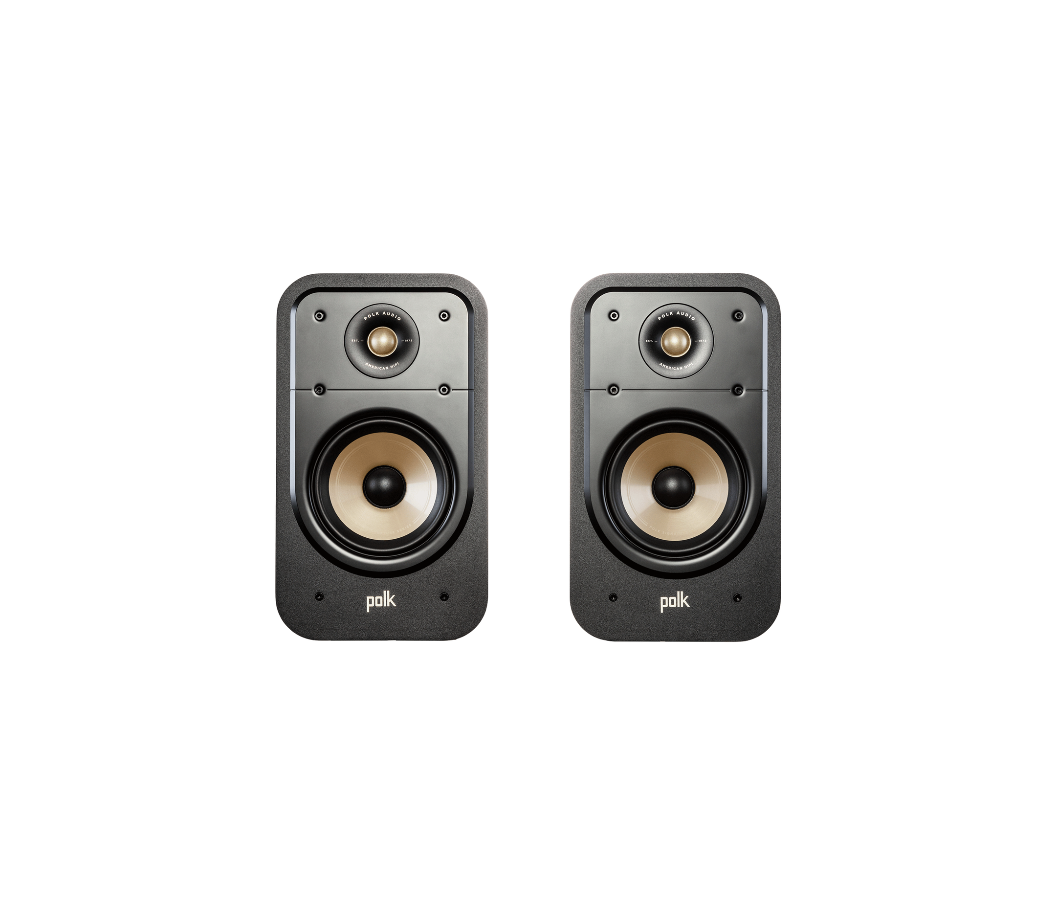 Boxe Polk Audio Signature Elite ES20 negre, vedere frontală, difuzoare și tweeter vizibile, pereche.