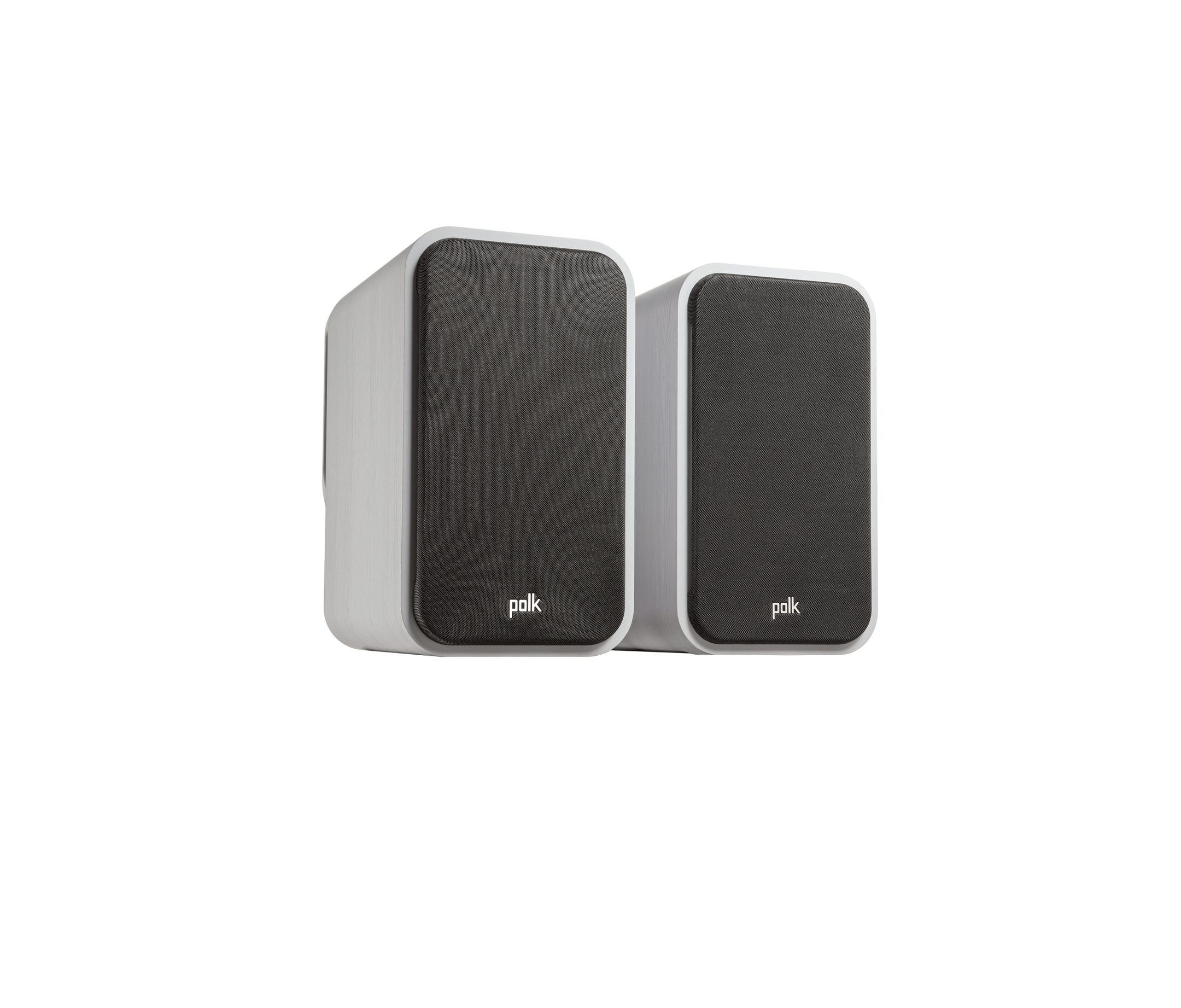 Boxe Polk Audio Signature Elite ES20 albe, vedere din dreapta, cu grilaj negru, design compact, logo vizibil.