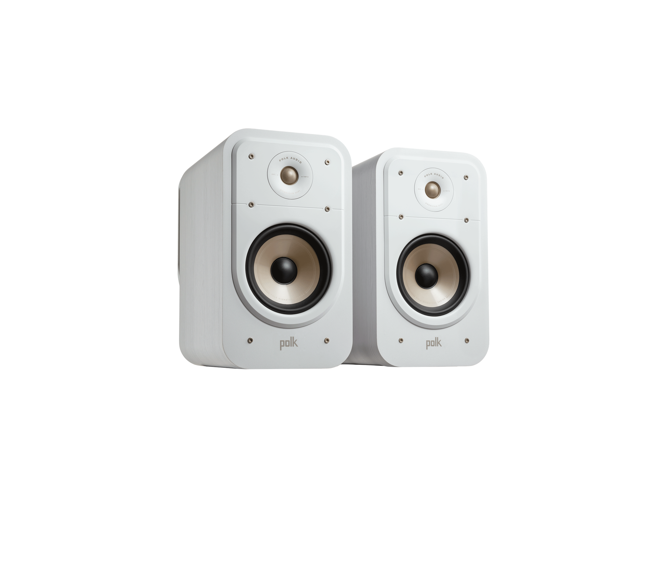 Boxe albe Polk Audio Signature Elite ES20, vedere din dreapta, difuzoare și tweeter vizibile frontal.