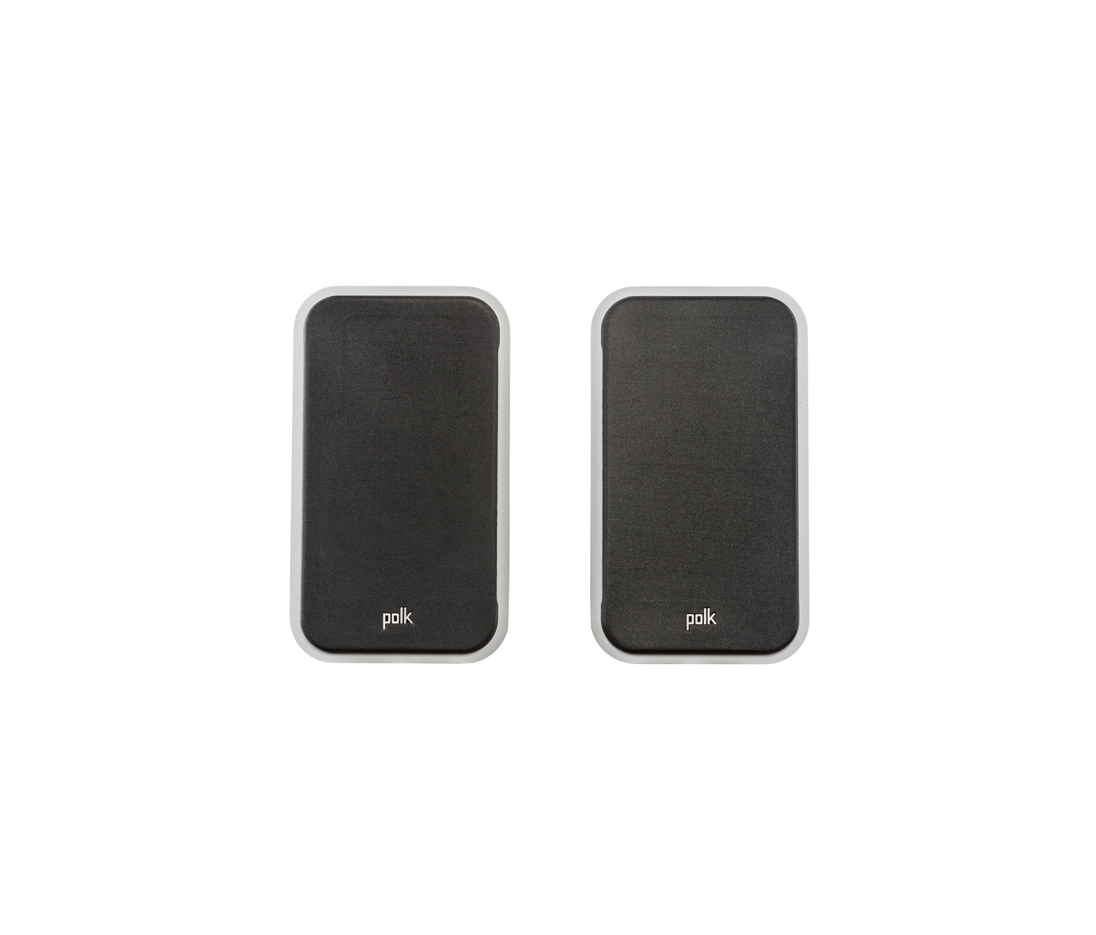 Polk Audio Signature Elite ES20, vedere frontală cu grile negre, pereche boxe raft, culoare albă.