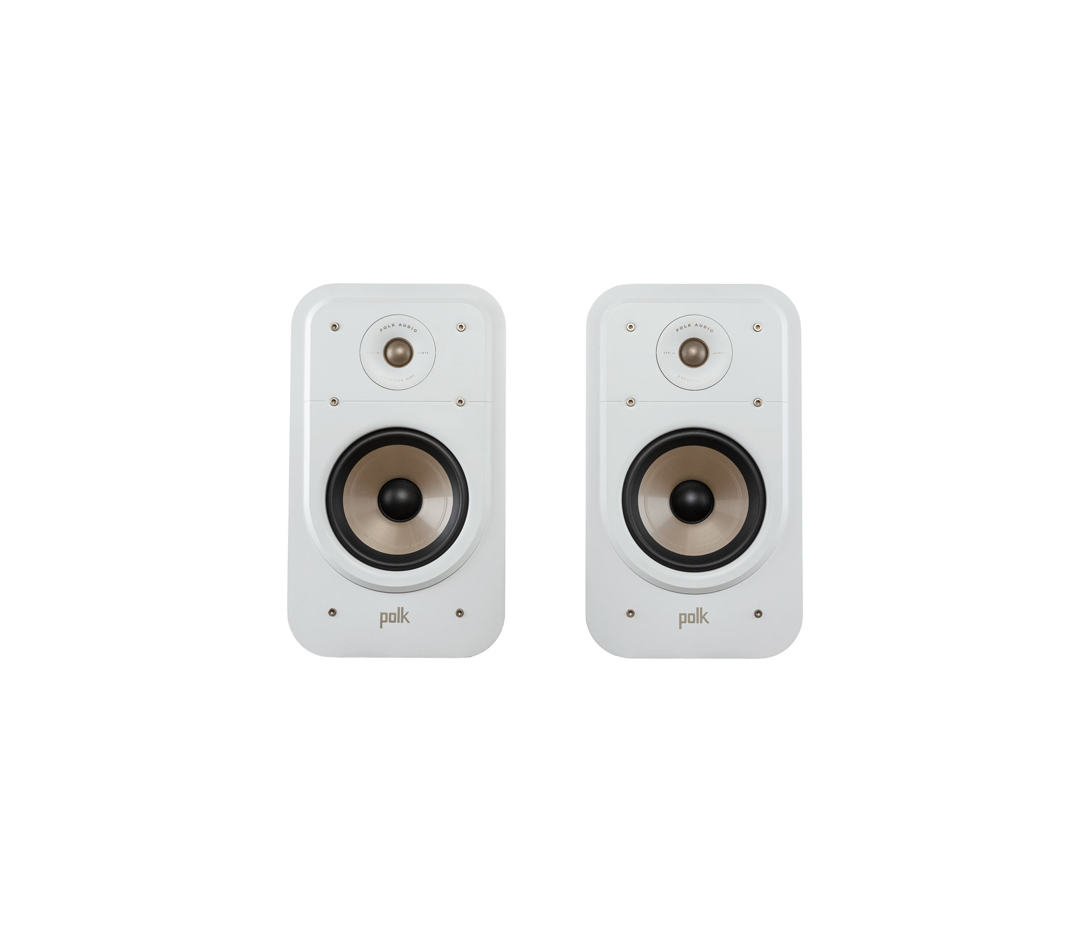 Boxe Polk Audio Signature Elite ES20 albe, vedere frontală, difuzoare și tweeter vizibile, pereche.