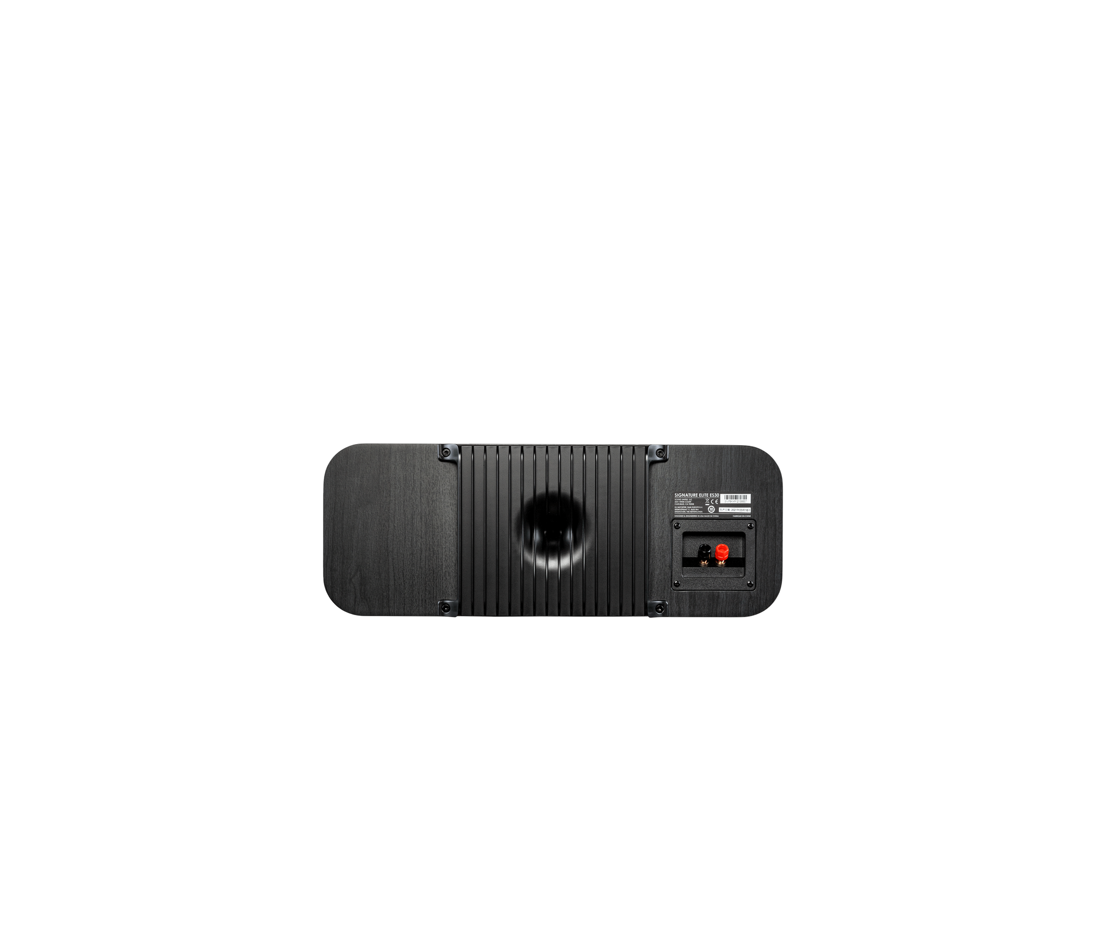 Spatele boxei Polk Audio Signature Elite ES30, culoare neagră, cu port bass reflex și conectori vizibili.