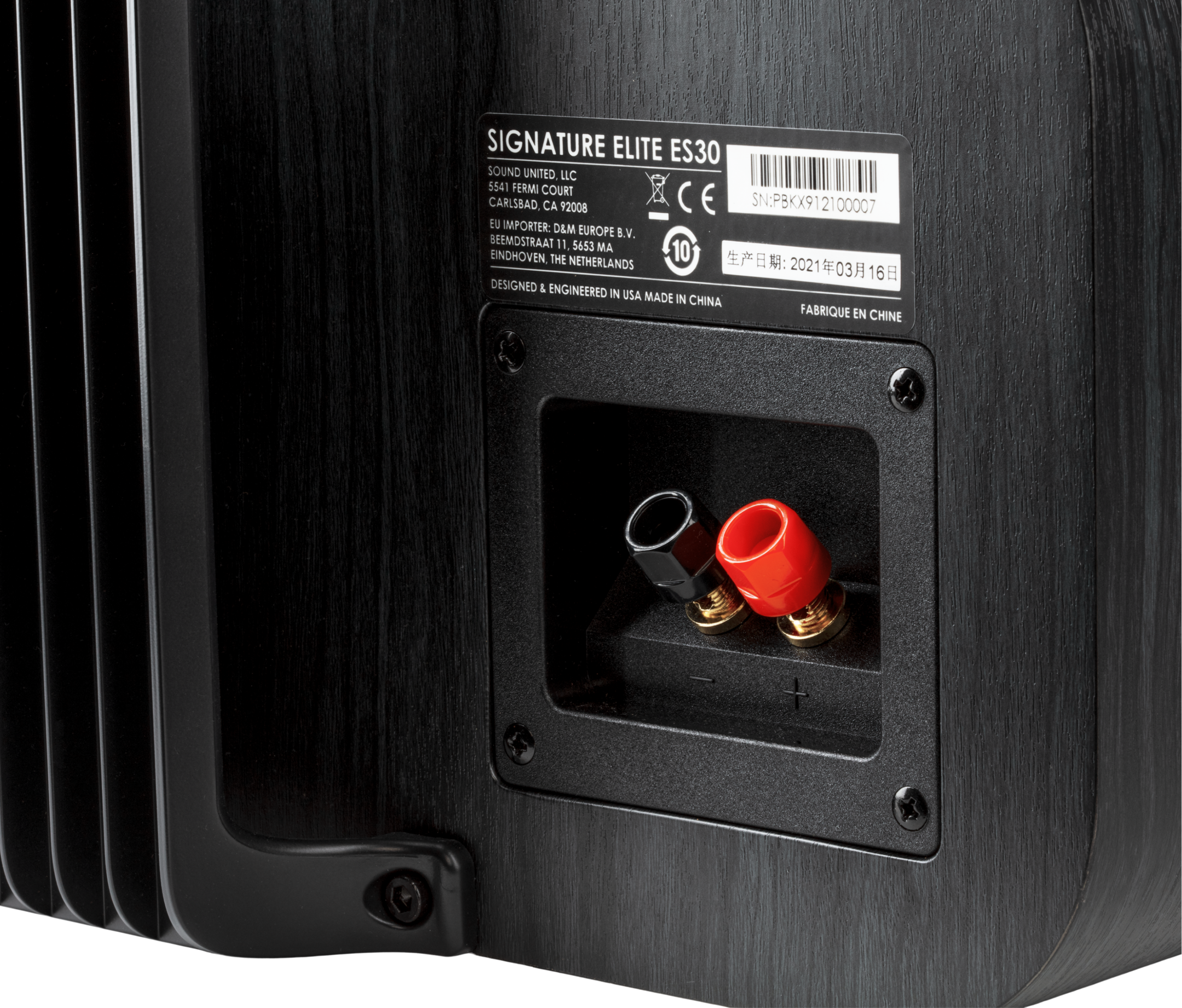 Conectori spate Polk Audio Signature Elite ES30, culoare neagră, detalii terminale roșu/negru vizibile.