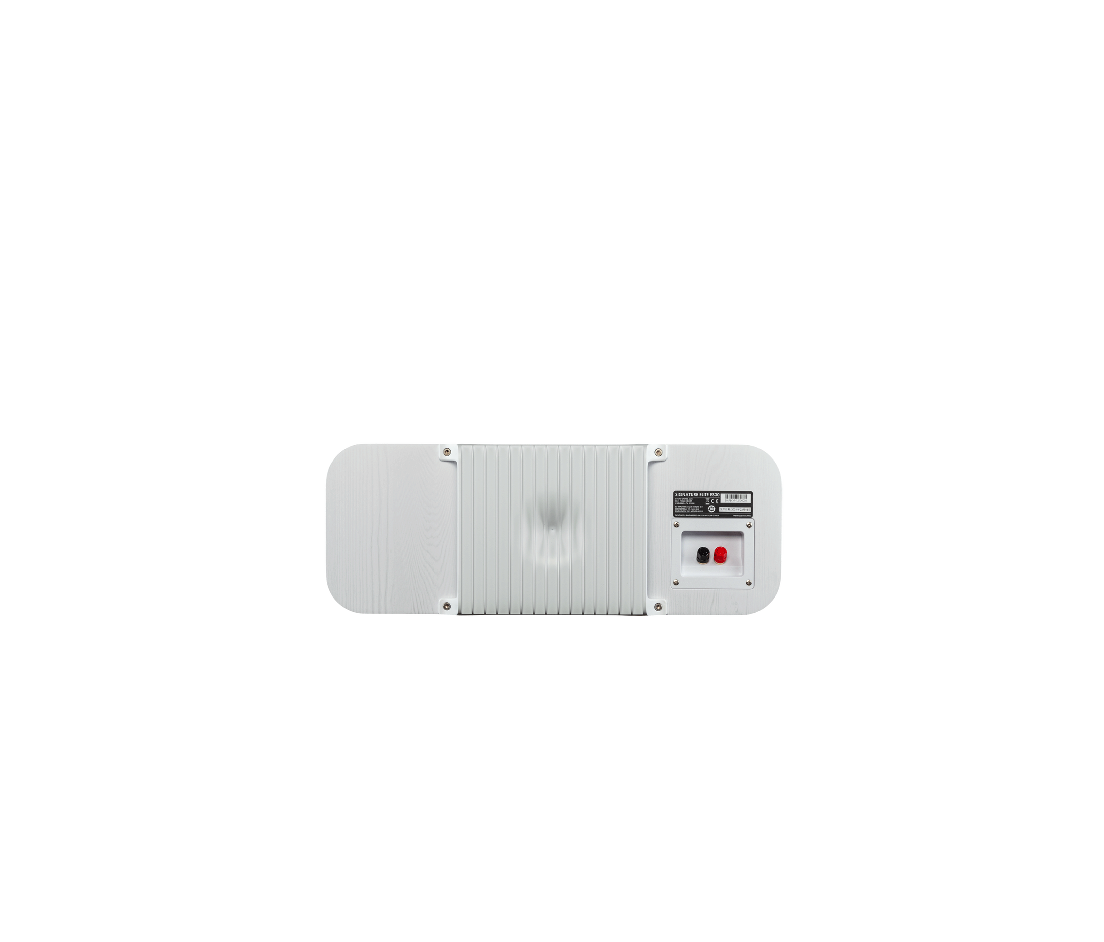 Spatele boxei Polk Audio Signature Elite ES30, culoare albă, cu conectori și etichete tehnice vizibile.