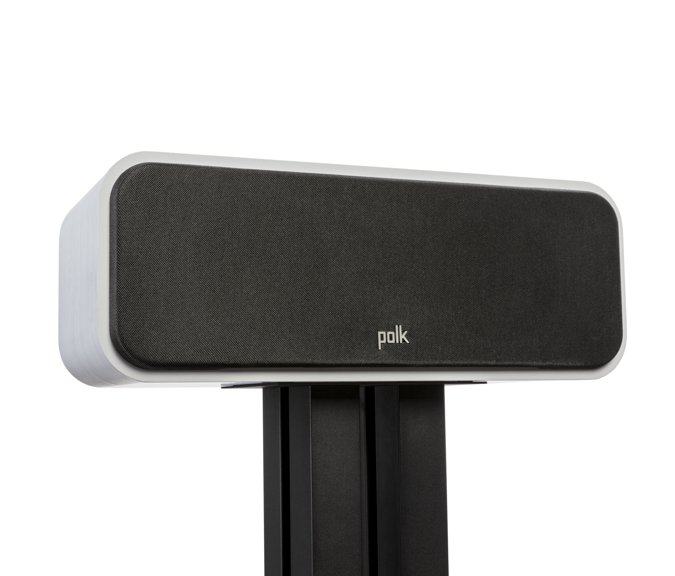 Boxa centru Polk Audio Signature Elite ES30 albă, vedere frontală pe suport, grilă neagră vizibilă.