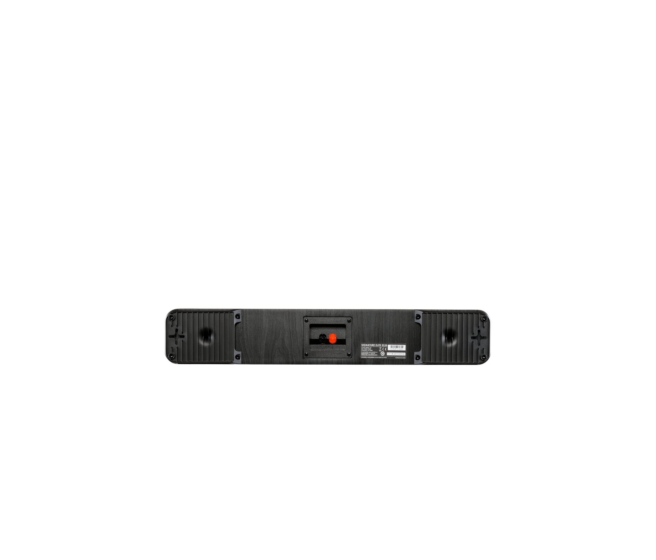 Spatele boxei Polk Audio Signature Elite ES35 negru, arată conectorii și detaliile tehnice ale produsului.