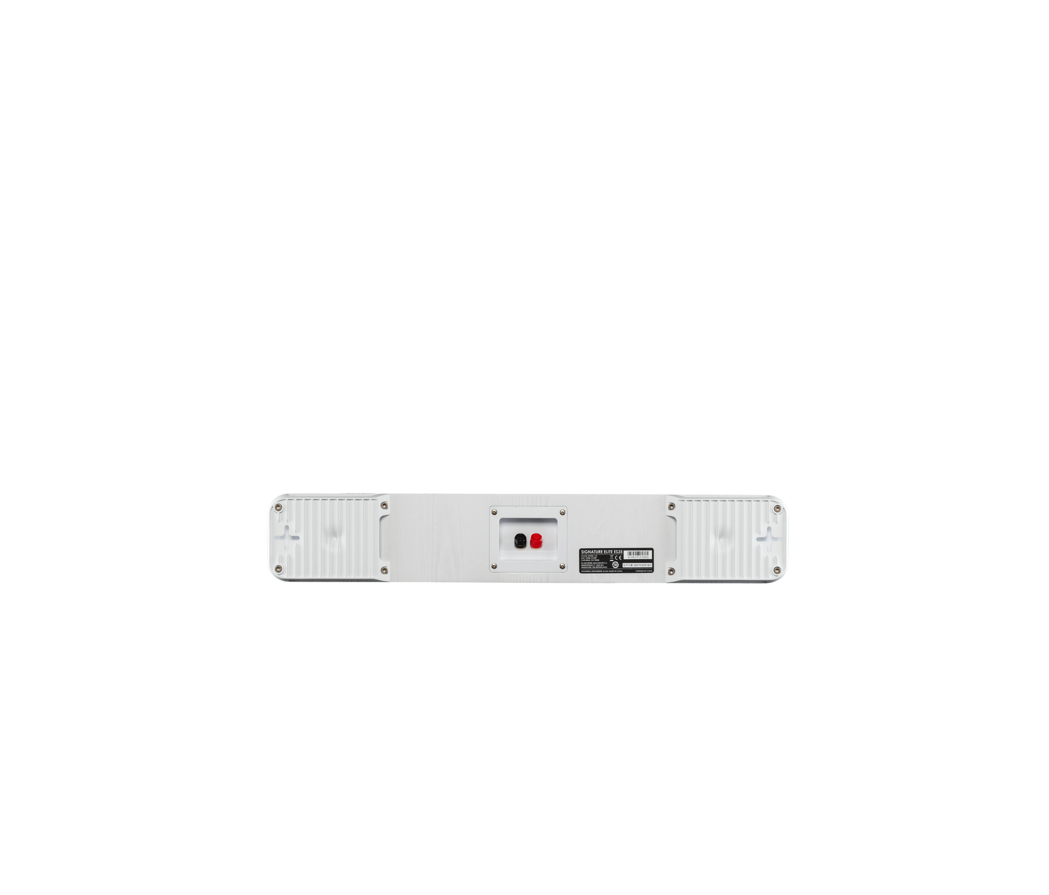Spatele boxei Polk Audio Signature Elite ES35 alb, cu conectori de intrare și detalii tehnice vizibile.