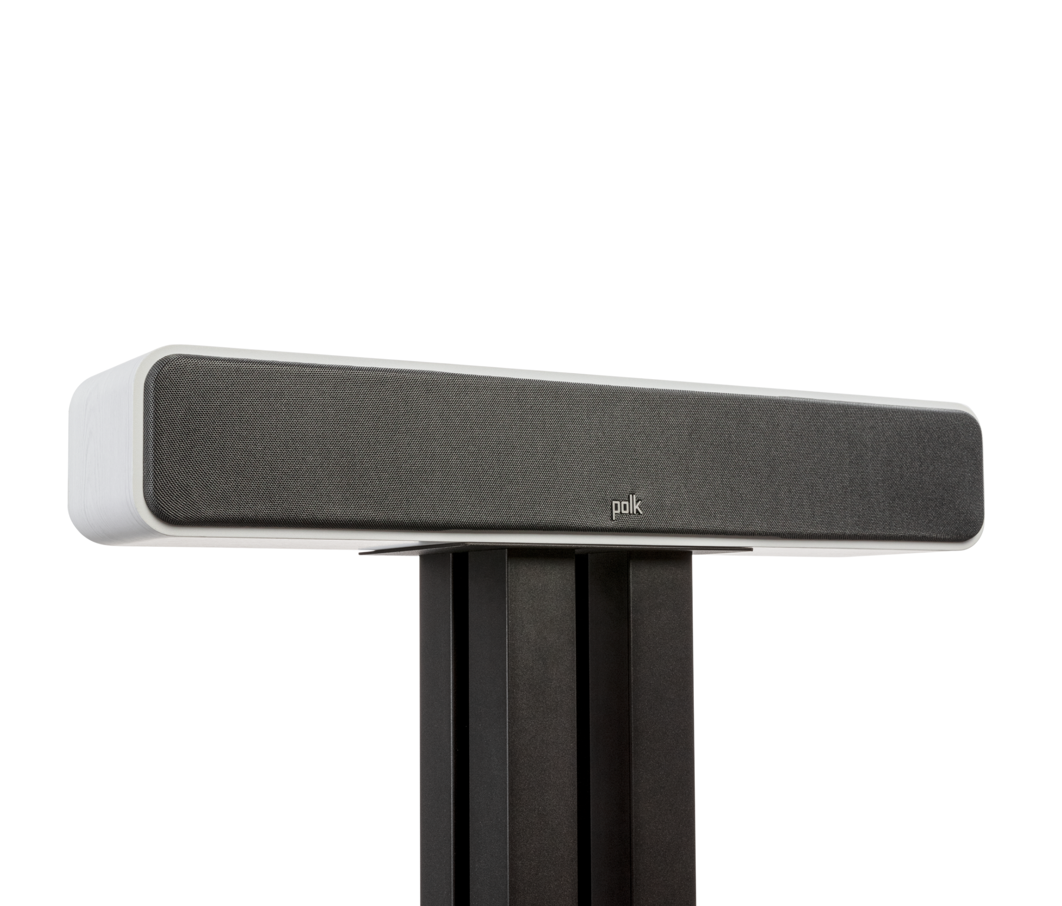 Boxă centru Polk Audio Signature Elite ES35, vedere frontală pe suport, culoare albă, grilaj negru.